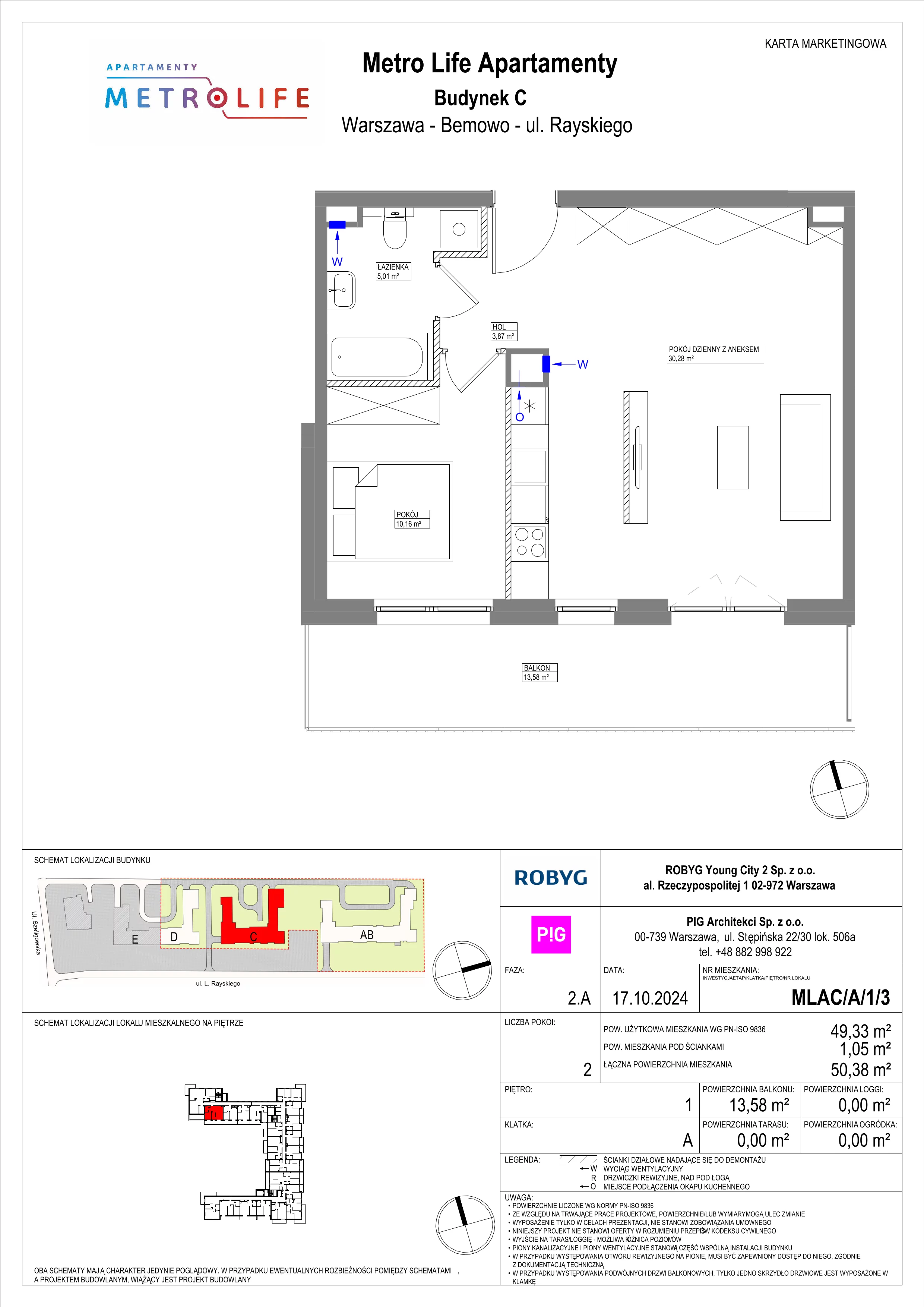 2 pokoje, mieszkanie 49,33 m², piętro 1, oferta nr MLAC/A/1/3, Metro Life Apartamenty, Warszawa, Bemowo, Chrzanów, ul. Rayskiego