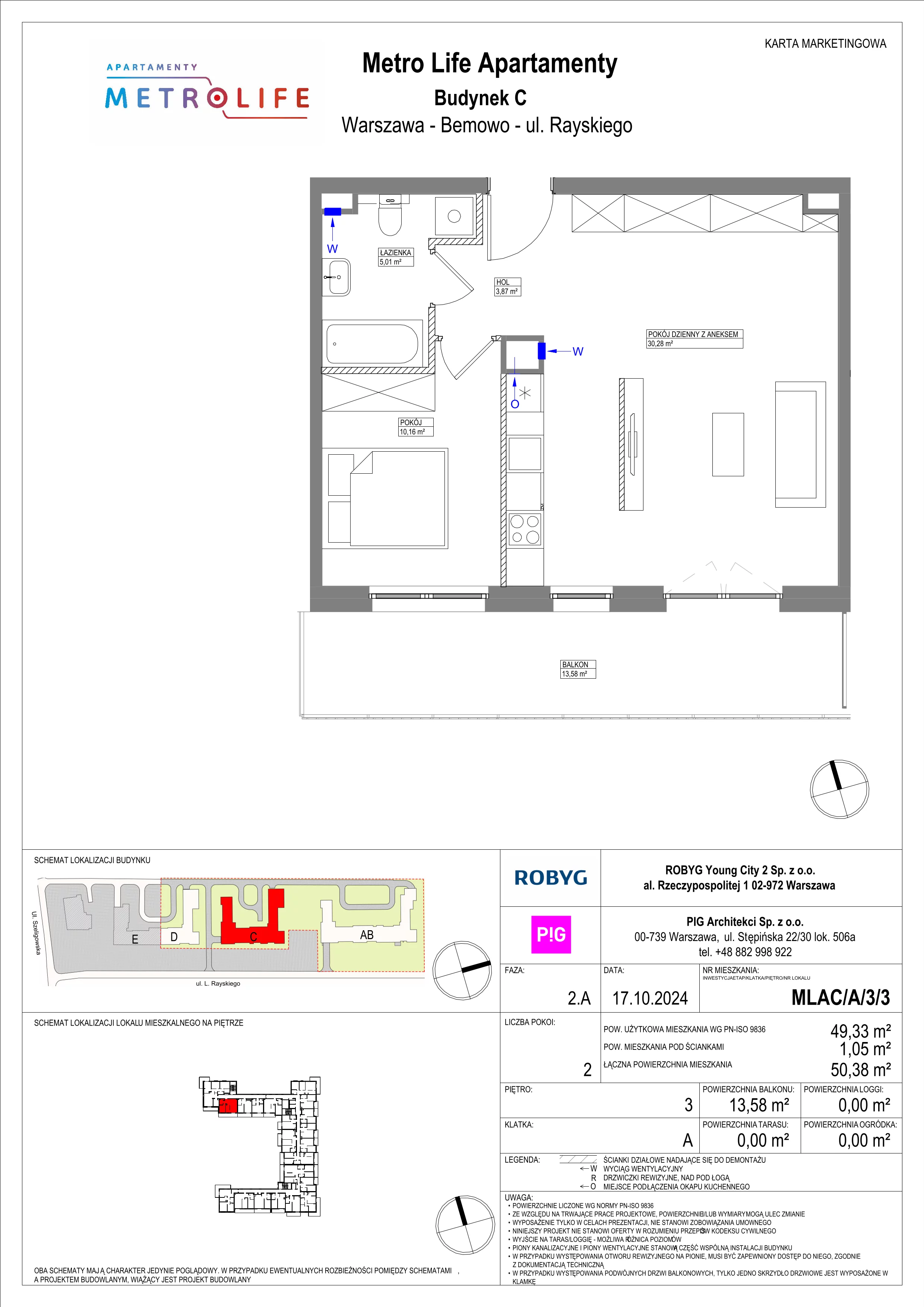 2 pokoje, mieszkanie 49,33 m², piętro 3, oferta nr MLAC/A/3/3, Metro Life Apartamenty, Warszawa, Bemowo, Chrzanów, ul. Rayskiego
