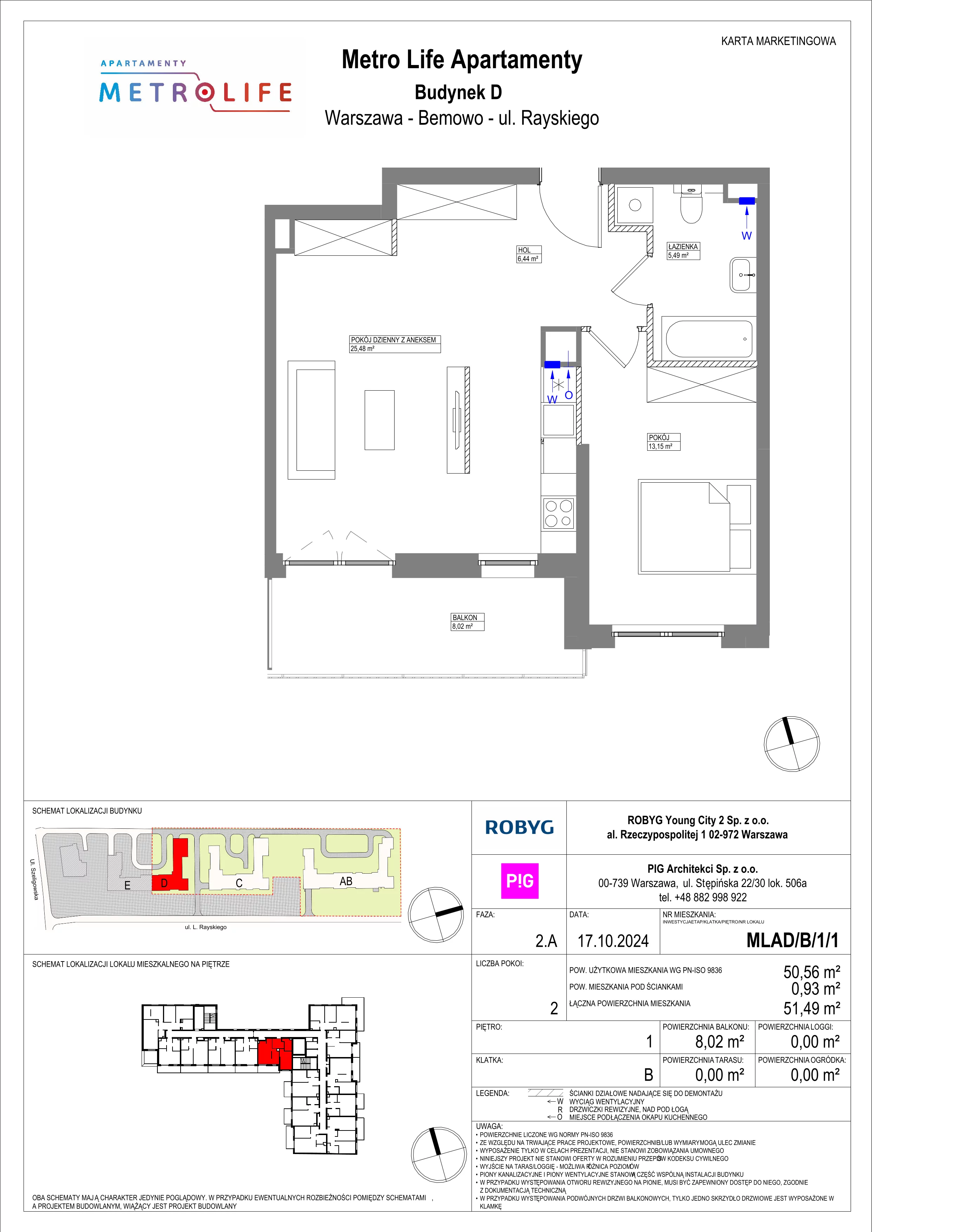 2 pokoje, mieszkanie 50,56 m², piętro 1, oferta nr MLAD/B/1/1, Metro Life Apartamenty, Warszawa, Bemowo, Chrzanów, ul. Rayskiego
