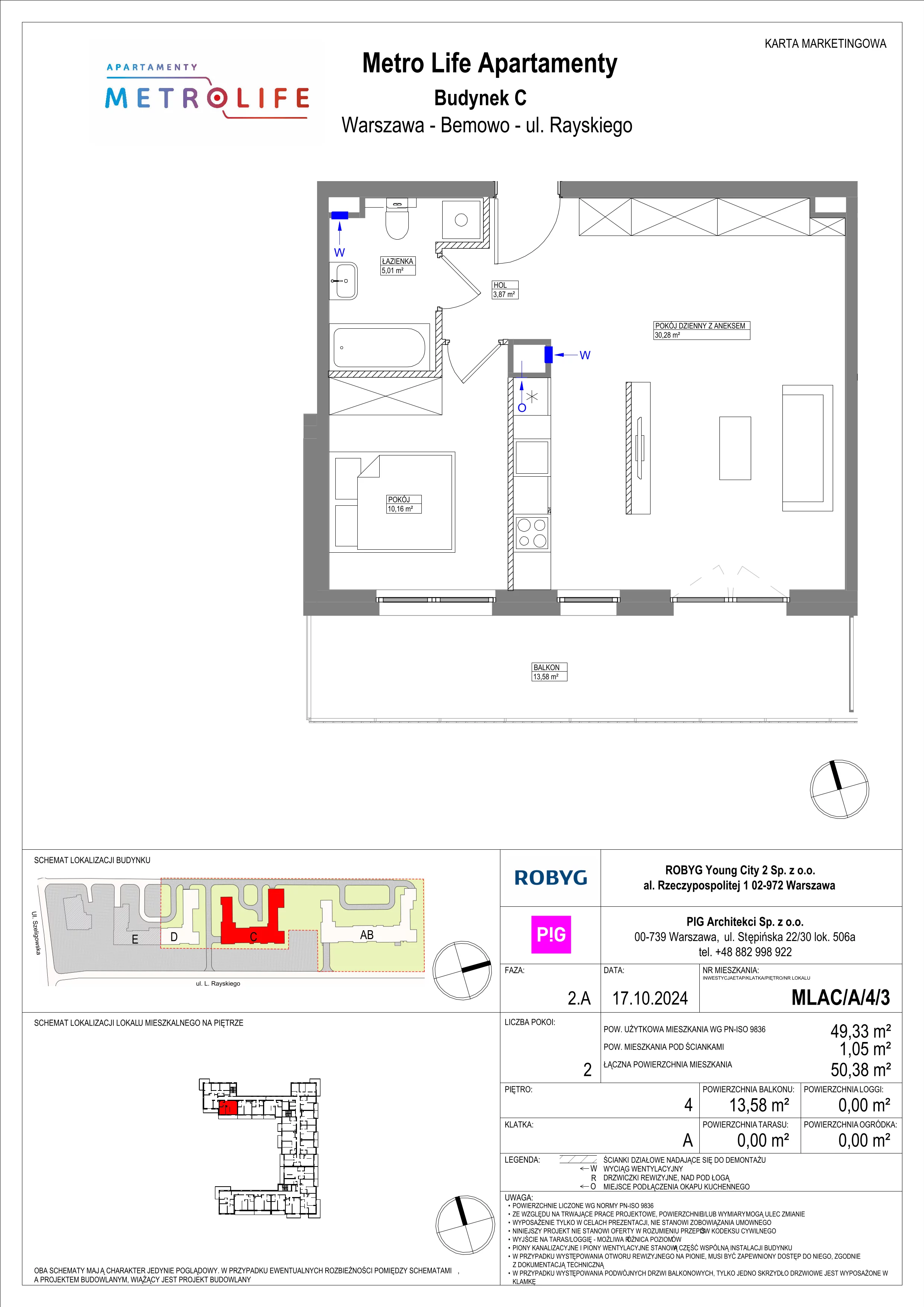 2 pokoje, mieszkanie 49,33 m², piętro 4, oferta nr MLAC/A/4/3, Metro Life Apartamenty, Warszawa, Bemowo, Chrzanów, ul. Rayskiego