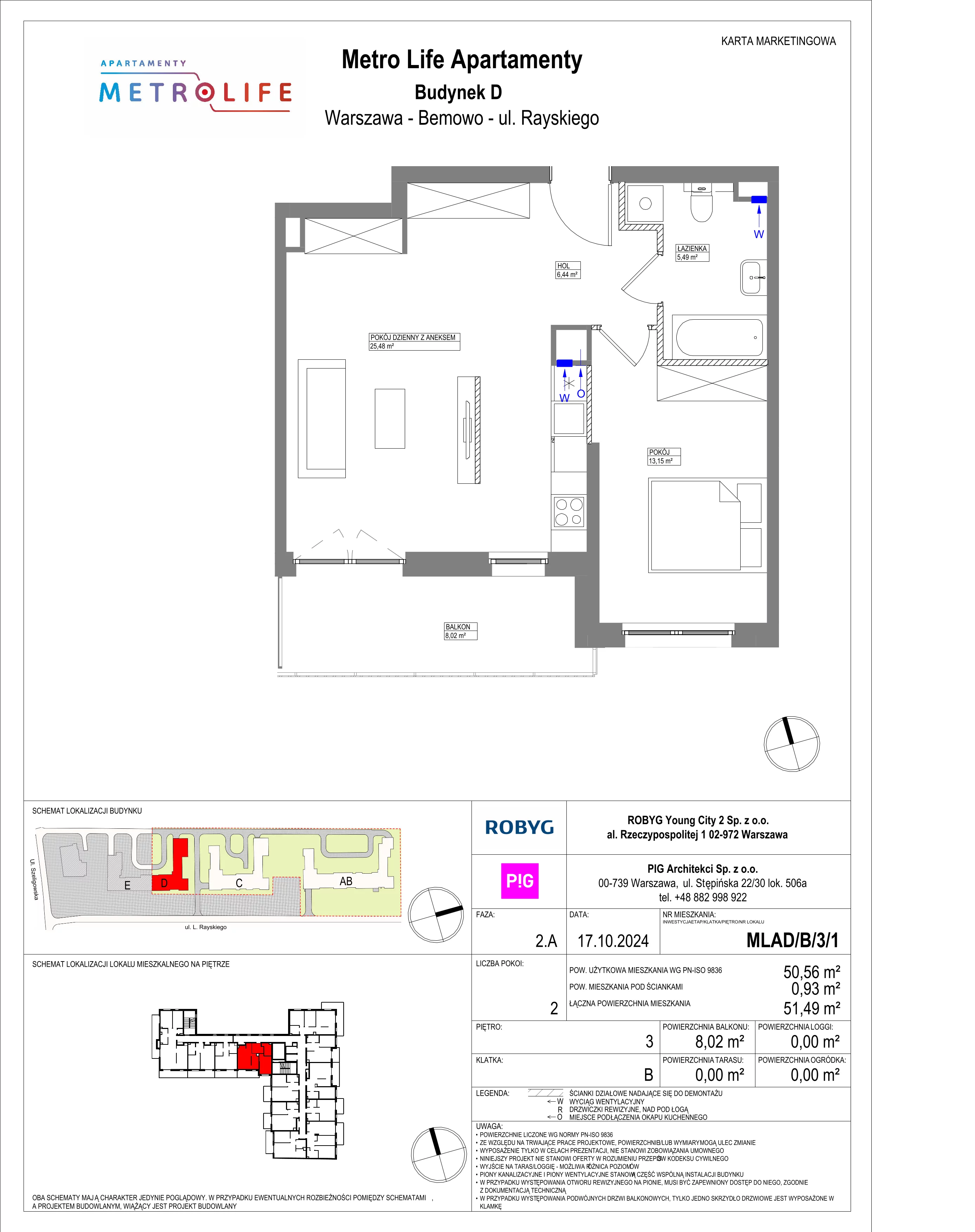 2 pokoje, mieszkanie 50,56 m², piętro 3, oferta nr MLAD/B/3/1, Metro Life Apartamenty, Warszawa, Bemowo, Chrzanów, ul. Rayskiego