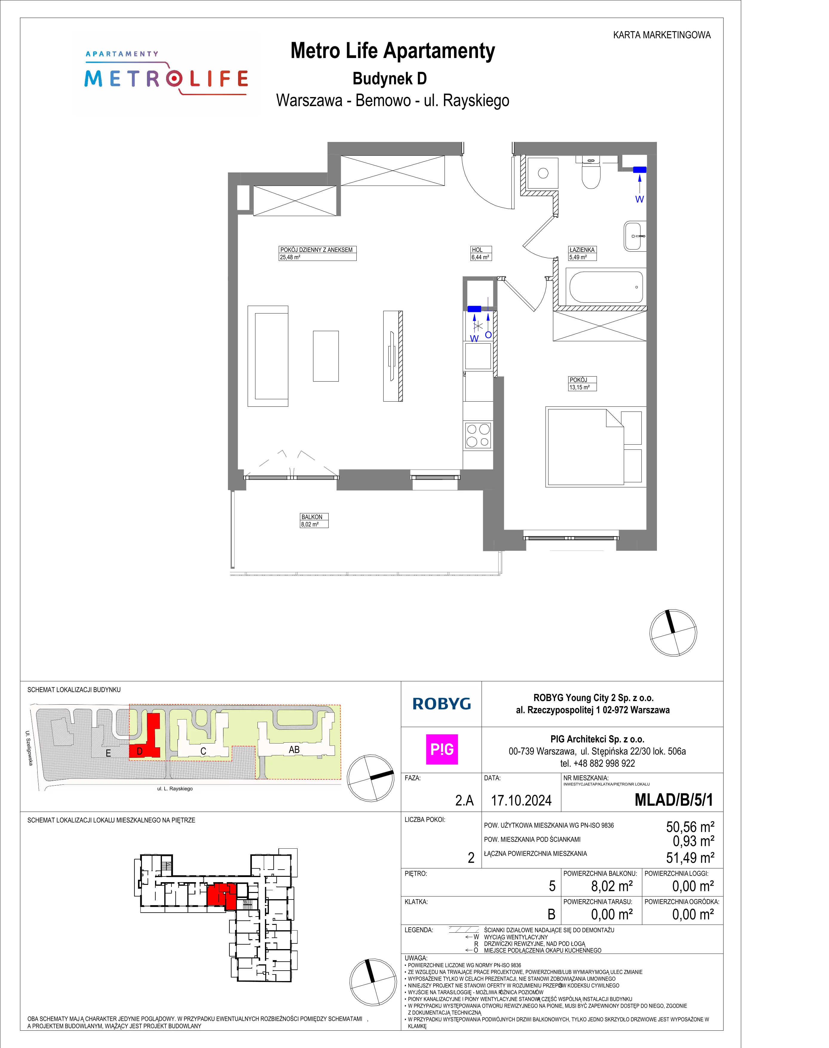 2 pokoje, mieszkanie 50,56 m², piętro 5, oferta nr MLAD/B/5/1, Metro Life Apartamenty, Warszawa, Bemowo, Chrzanów, ul. Rayskiego