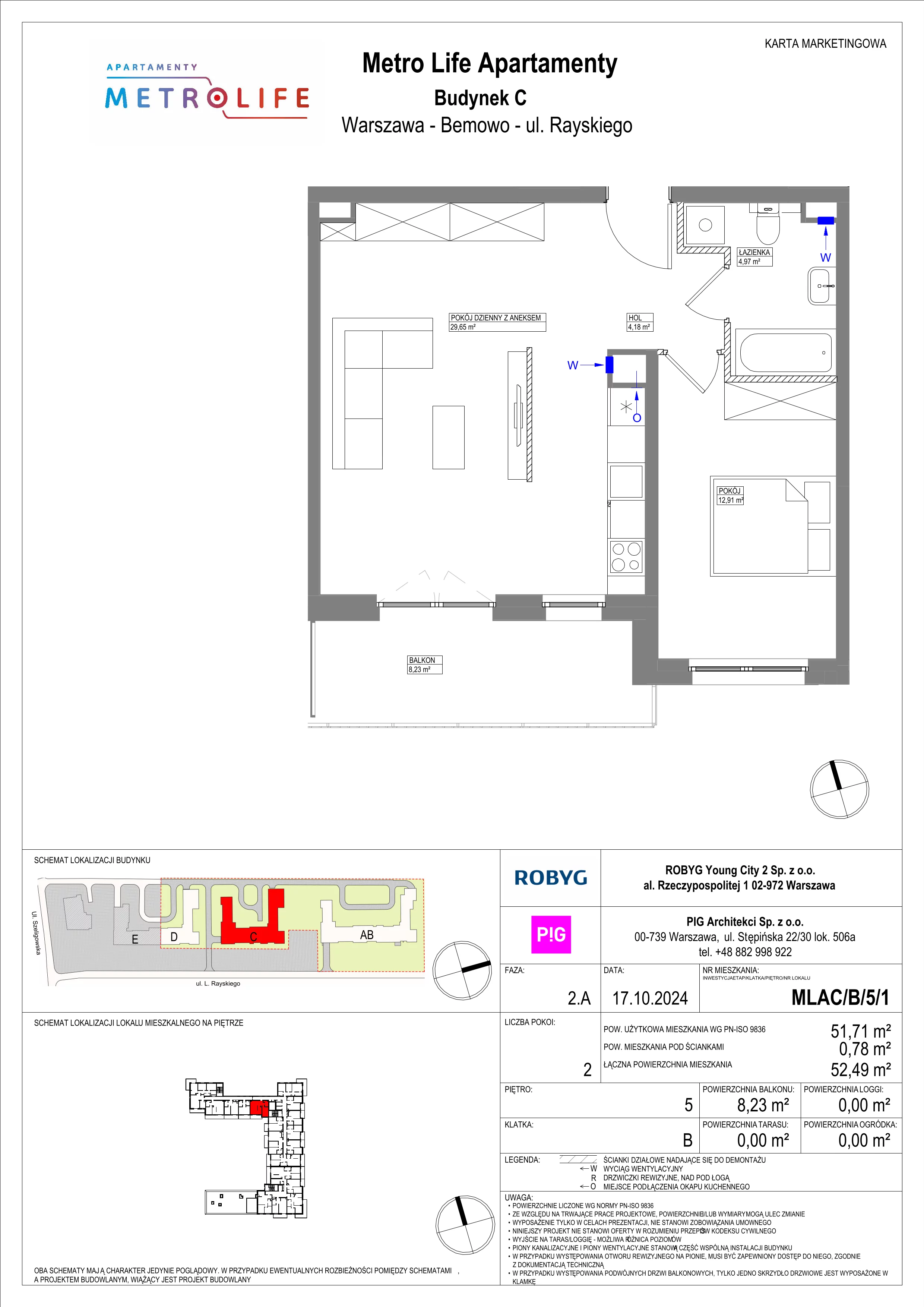 2 pokoje, mieszkanie 51,71 m², piętro 5, oferta nr MLAC/B/5/1, Metro Life Apartamenty, Warszawa, Bemowo, Chrzanów, ul. Rayskiego