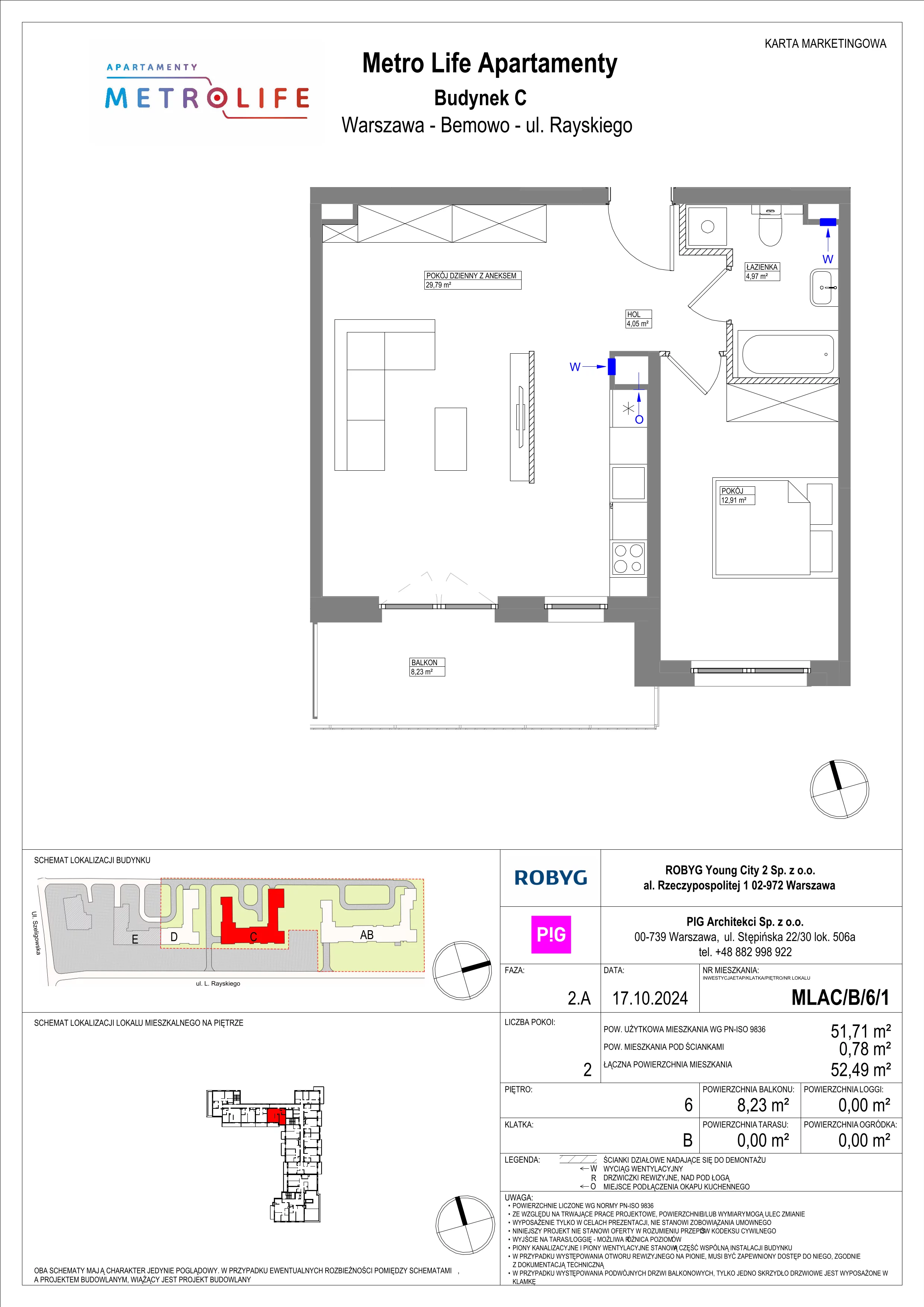 2 pokoje, mieszkanie 51,71 m², piętro 6, oferta nr MLAC/B/6/1, Metro Life Apartamenty, Warszawa, Bemowo, Chrzanów, ul. Rayskiego