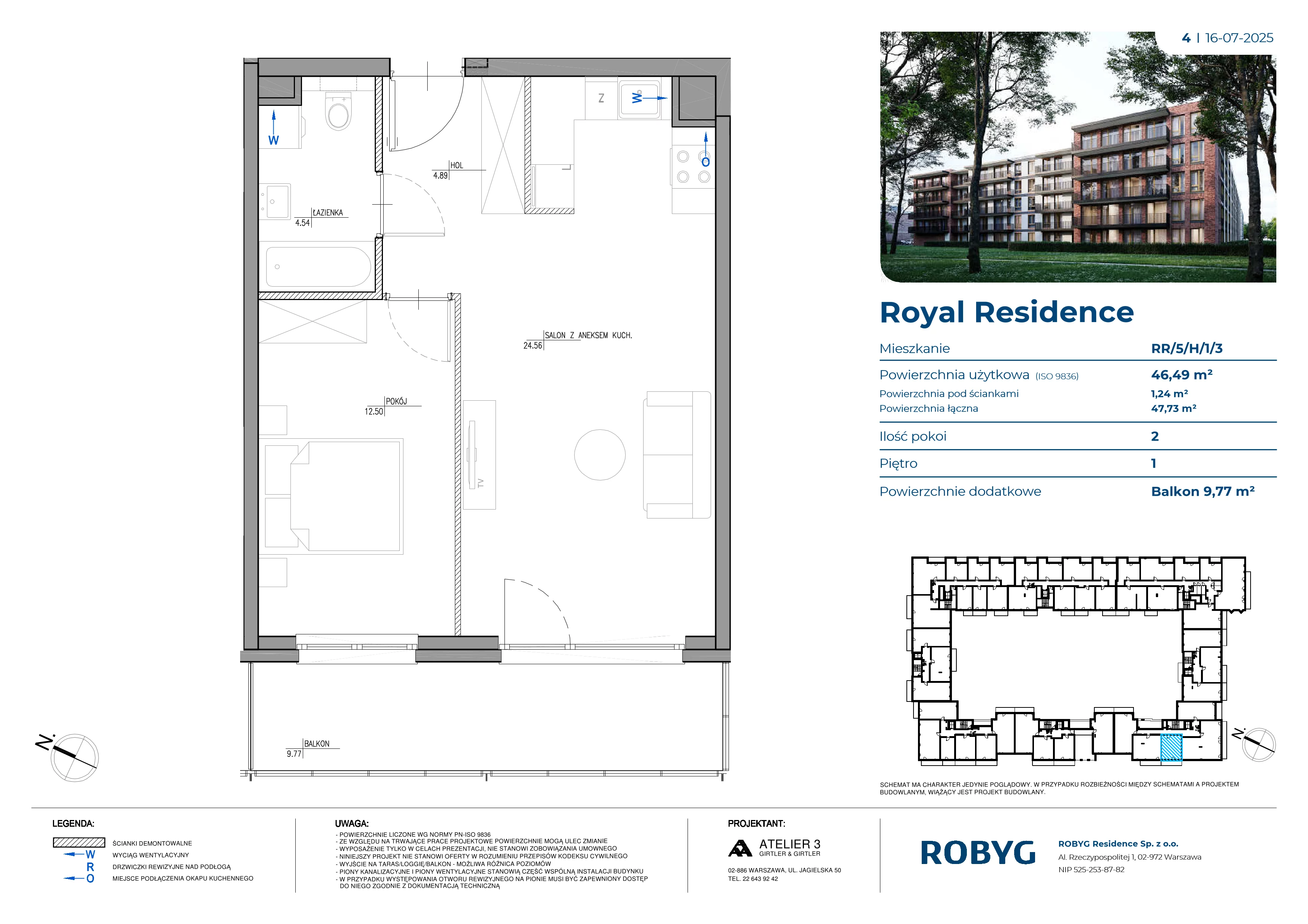2 pokoje, mieszkanie 46,49 m², piętro 1, oferta nr RR/5/H/1/3, Royal Residence, Warszawa, Wilanów, Błonia Wilanowskie, ul. Sarmacka