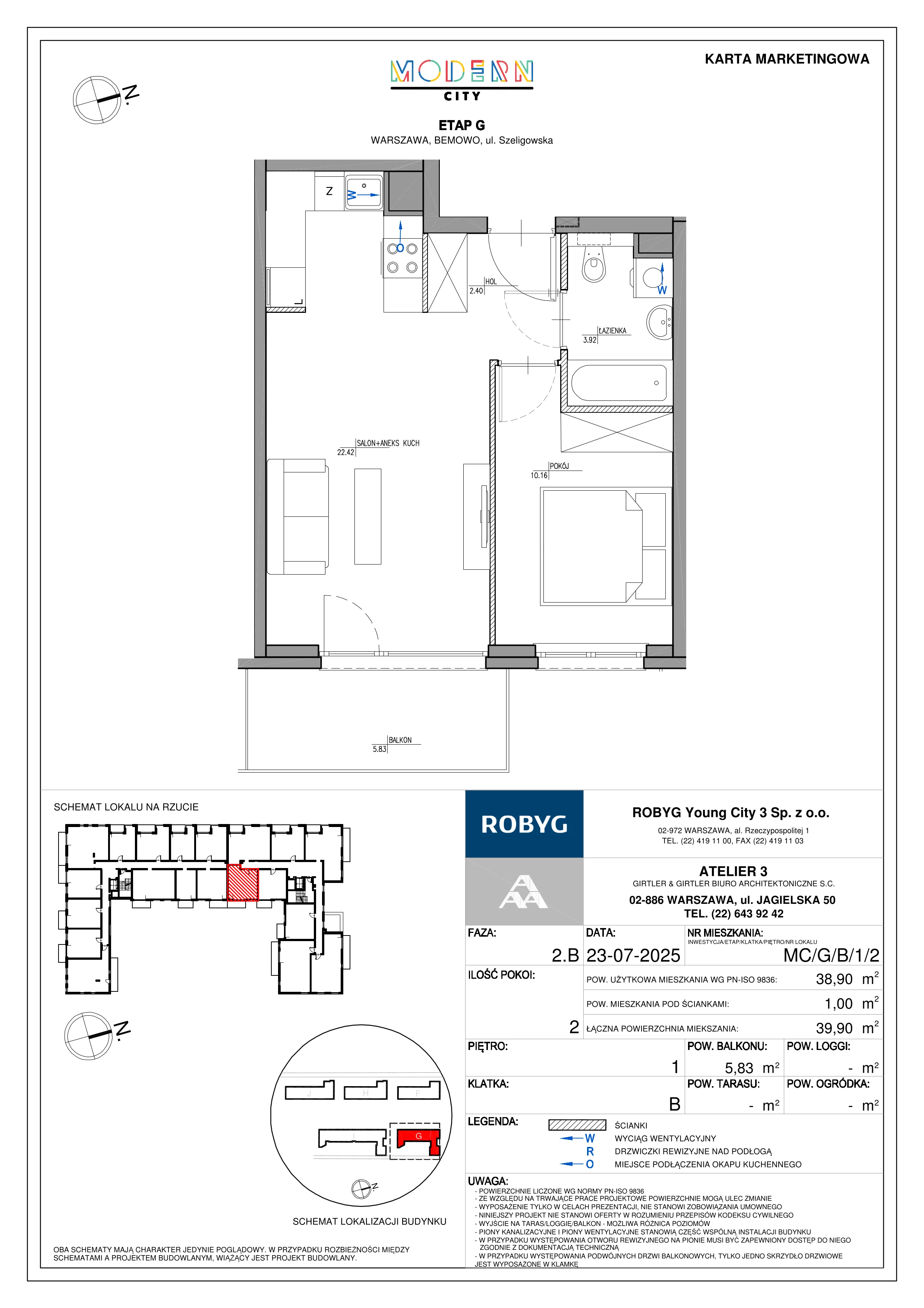 2 pokoje, mieszkanie 38,90 m², piętro 1, oferta nr MC/G/B/1/2, Modern City etap G, Warszawa, Bemowo, Chrzanów, ul. Szeligowska