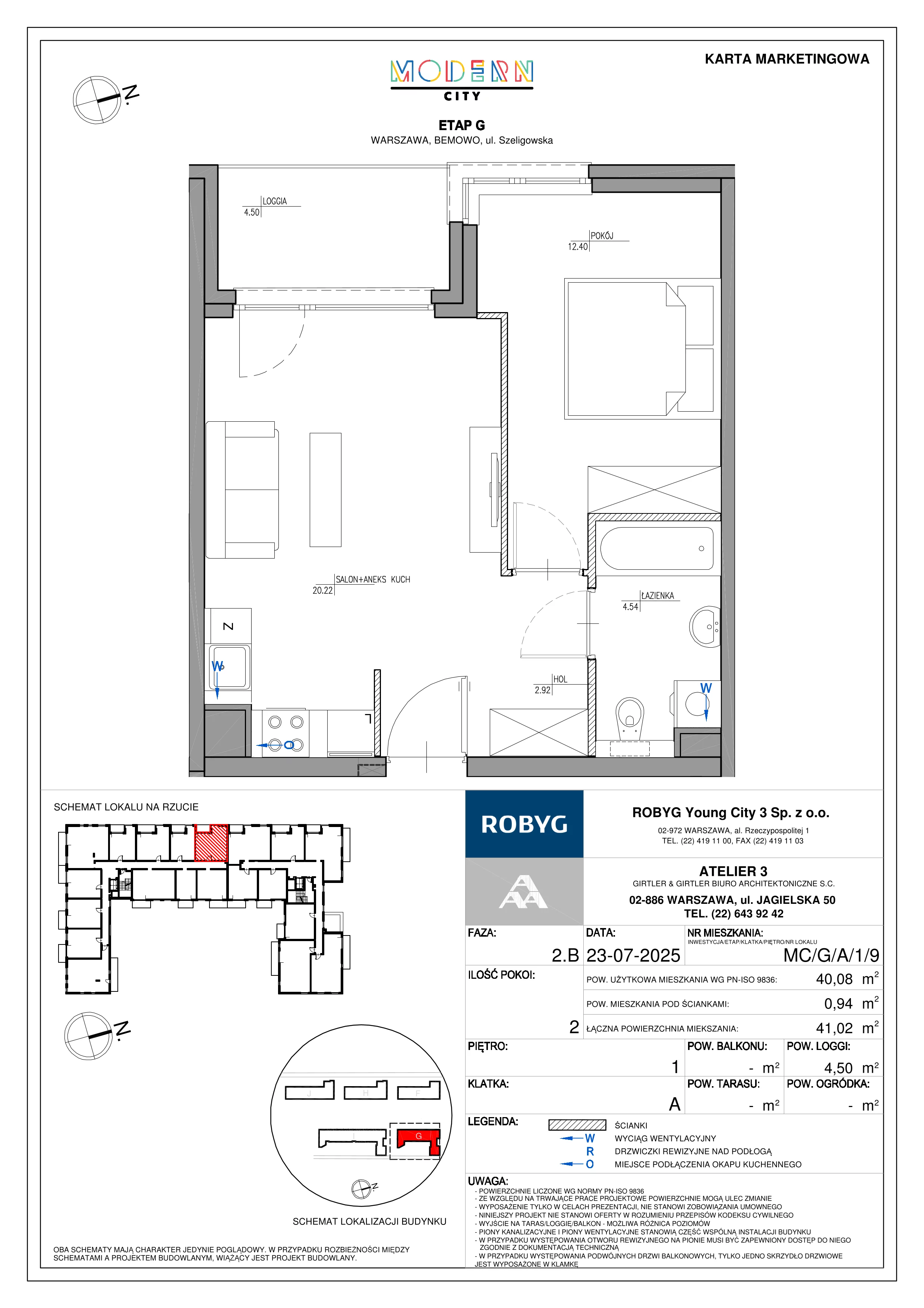 2 pokoje, mieszkanie 40,08 m², piętro 1, oferta nr MC/G/A/1/9, Modern City etap G, Warszawa, Bemowo, Chrzanów, ul. Szeligowska