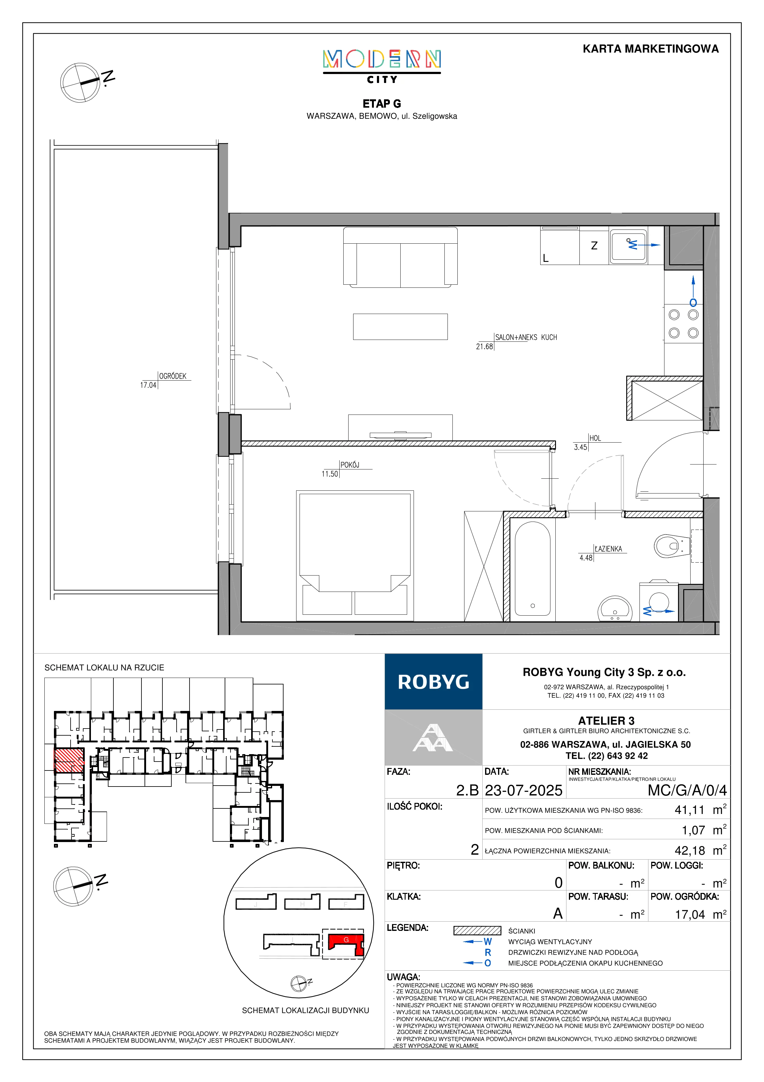2 pokoje, mieszkanie 41,11 m², parter, oferta nr MC/G/A/0/4, Modern City etap G, Warszawa, Bemowo, Chrzanów, ul. Szeligowska