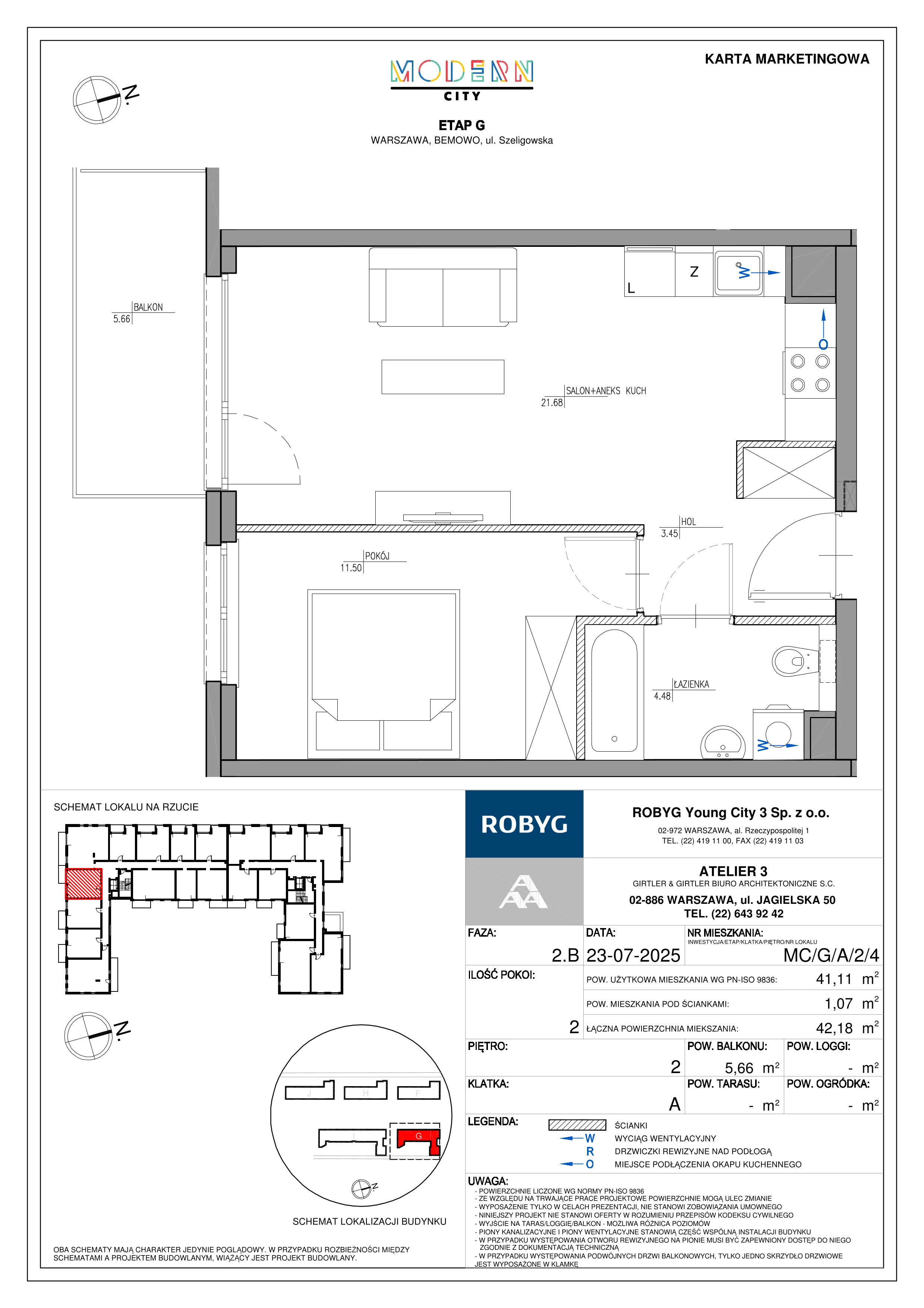 2 pokoje, mieszkanie 41,11 m², piętro 2, oferta nr MC/G/A/2/4, Modern City etap G, Warszawa, Bemowo, Chrzanów, ul. Szeligowska