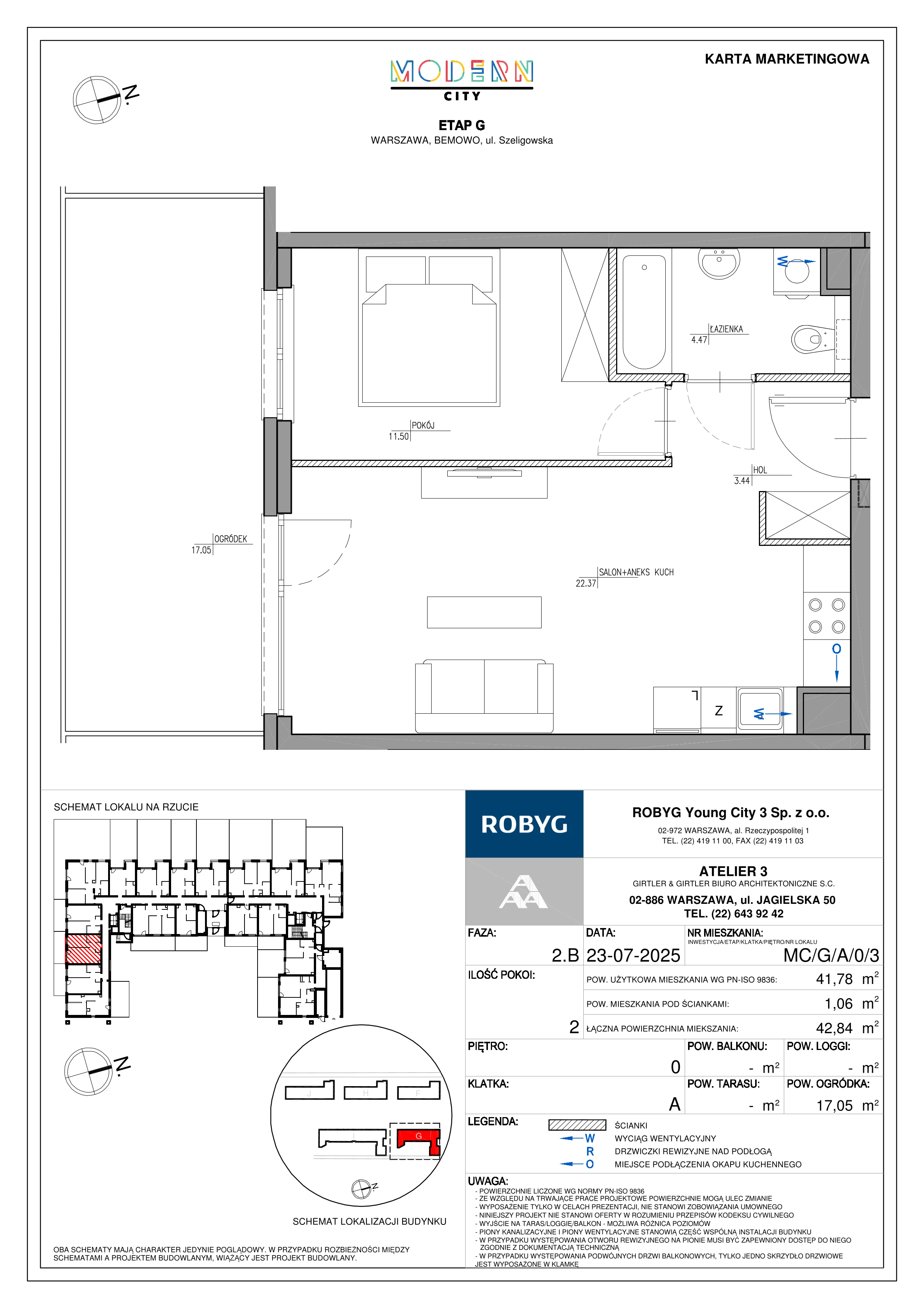 2 pokoje, mieszkanie 41,78 m², parter, oferta nr MC/G/A/0/3, Modern City etap G, Warszawa, Bemowo, Chrzanów, ul. Szeligowska