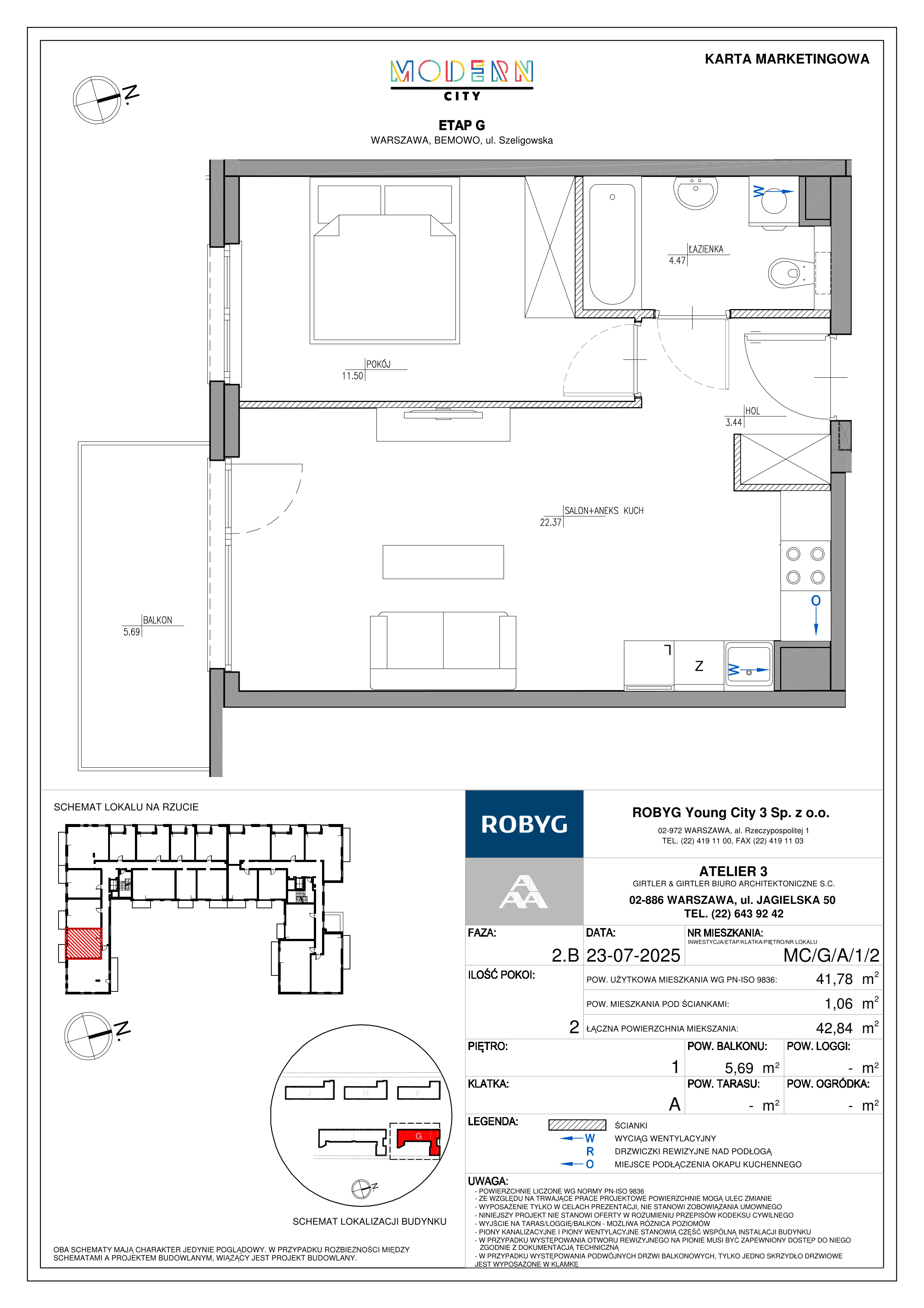 2 pokoje, mieszkanie 41,78 m², piętro 1, oferta nr MC/G/A/1/2, Modern City etap G, Warszawa, Bemowo, Chrzanów, ul. Szeligowska