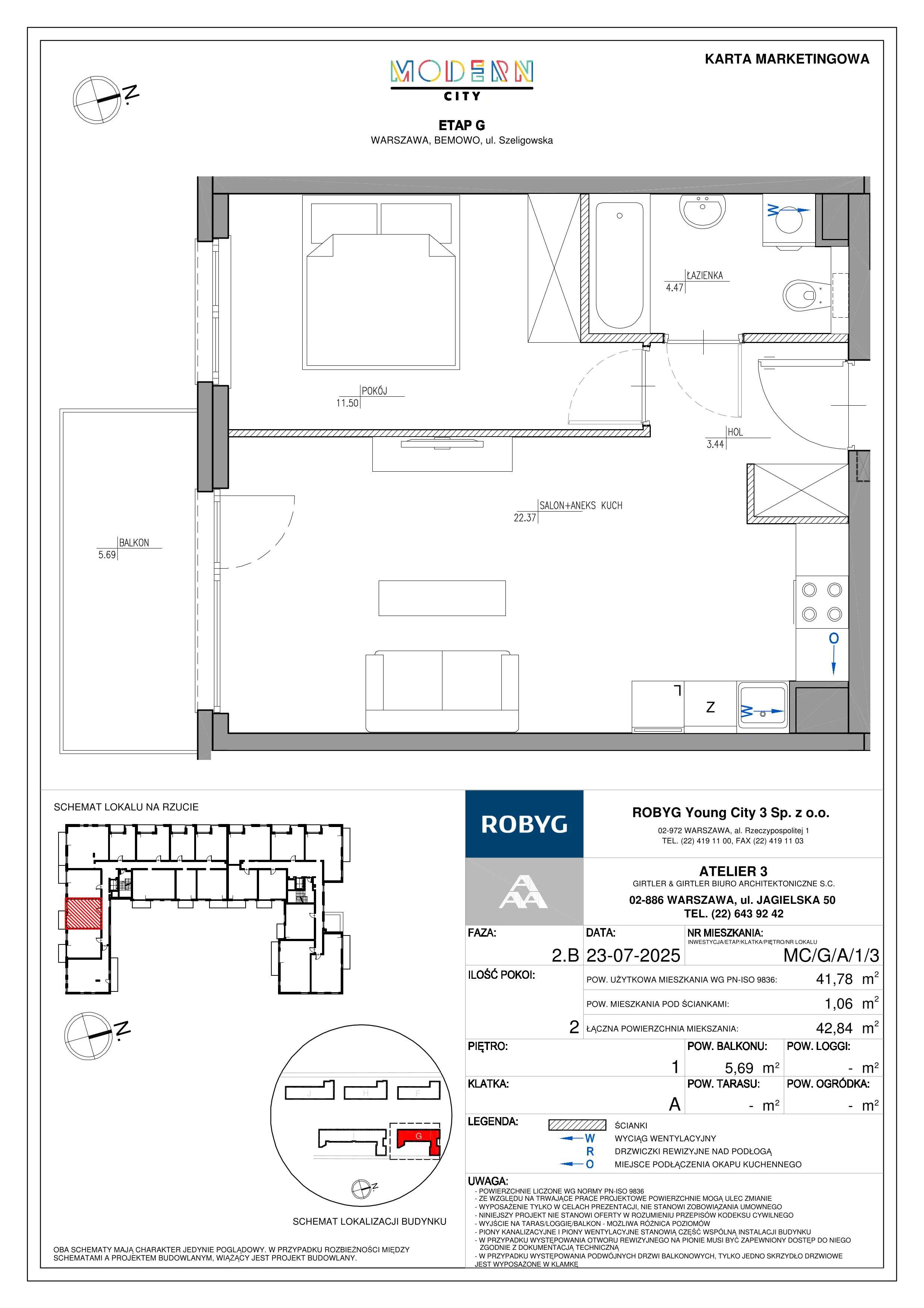 2 pokoje, mieszkanie 41,78 m², piętro 1, oferta nr MC/G/A/1/3, Modern City etap G, Warszawa, Bemowo, Chrzanów, ul. Szeligowska