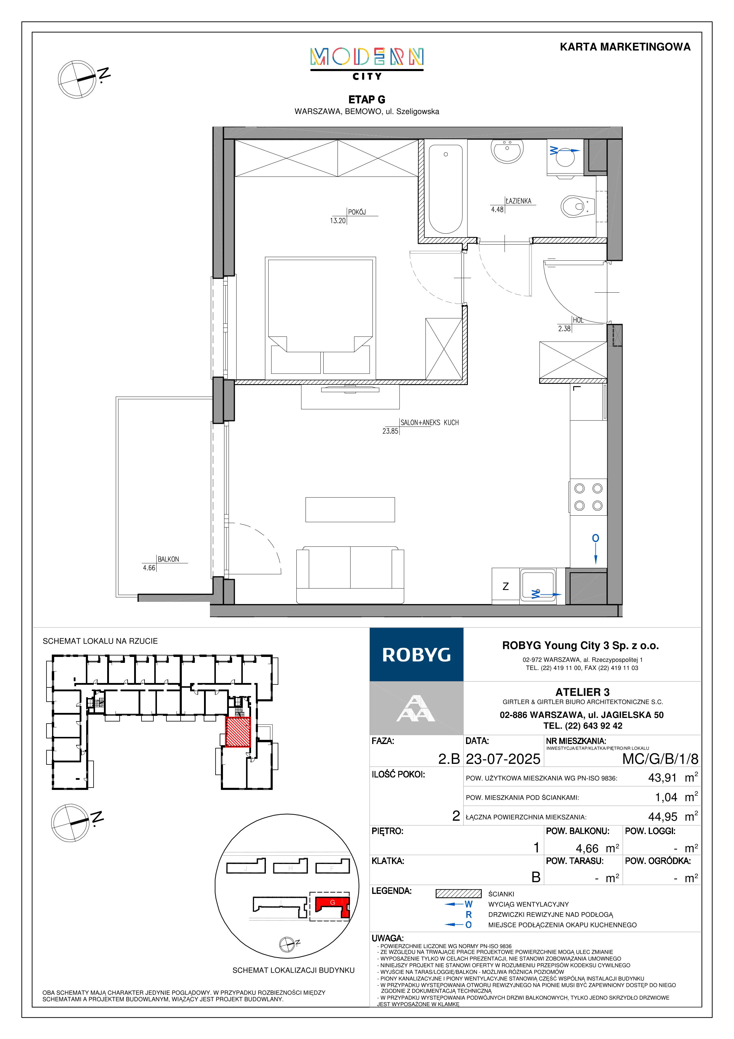 2 pokoje, mieszkanie 43,91 m², piętro 1, oferta nr MC/G/B/1/8, Modern City etap G, Warszawa, Bemowo, Chrzanów, ul. Szeligowska