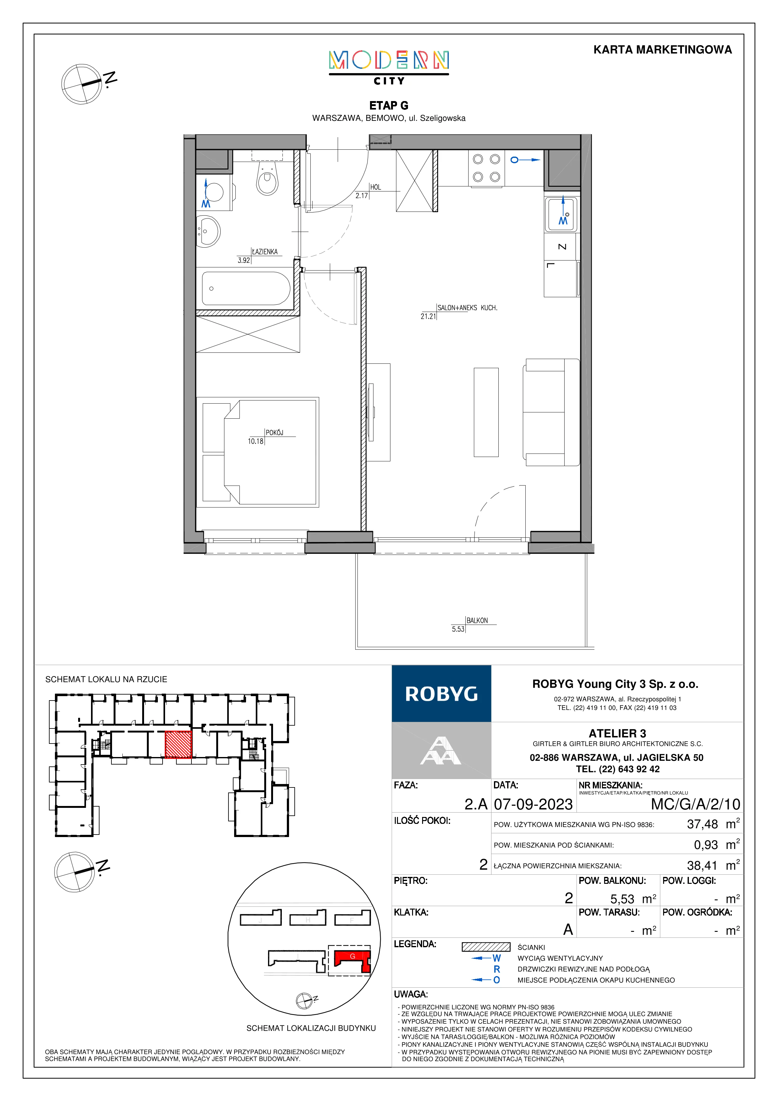 2 pokoje, mieszkanie 37,48 m², piętro 2, oferta nr MC/G/A/2/10, Modern City etap G, Warszawa, Bemowo, Chrzanów, ul. Szeligowska