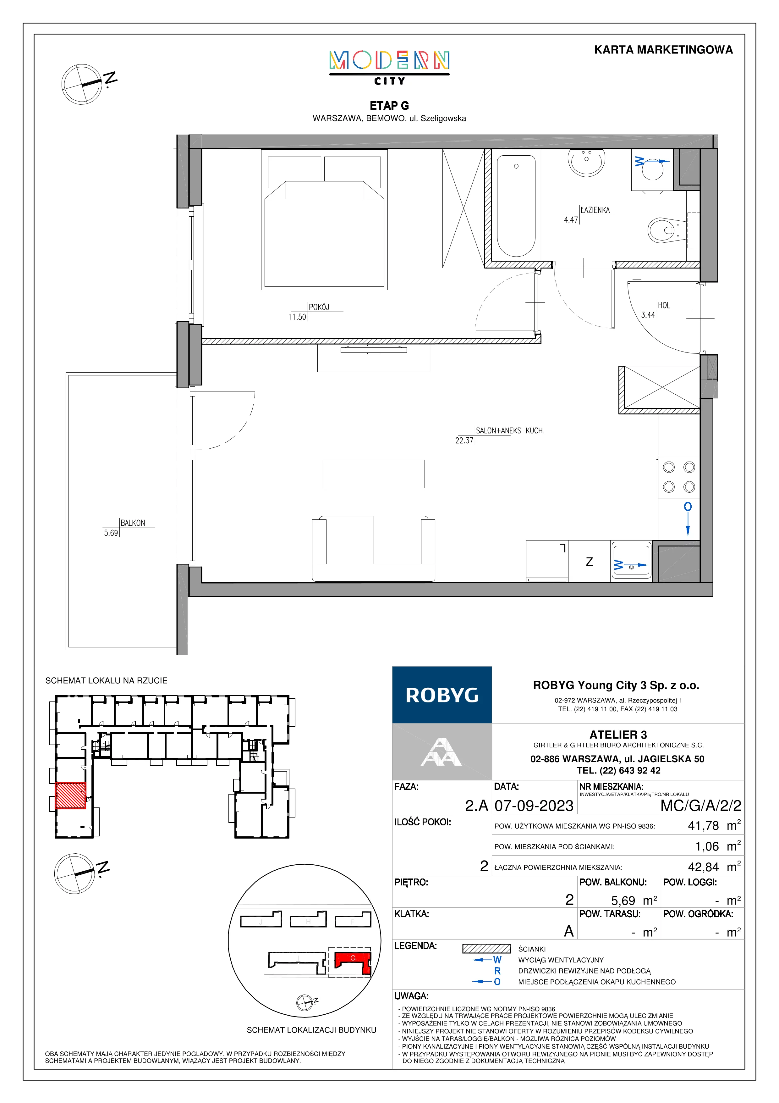 2 pokoje, mieszkanie 41,78 m², piętro 2, oferta nr MC/G/A/2/2, Modern City etap G, Warszawa, Bemowo, Chrzanów, ul. Szeligowska