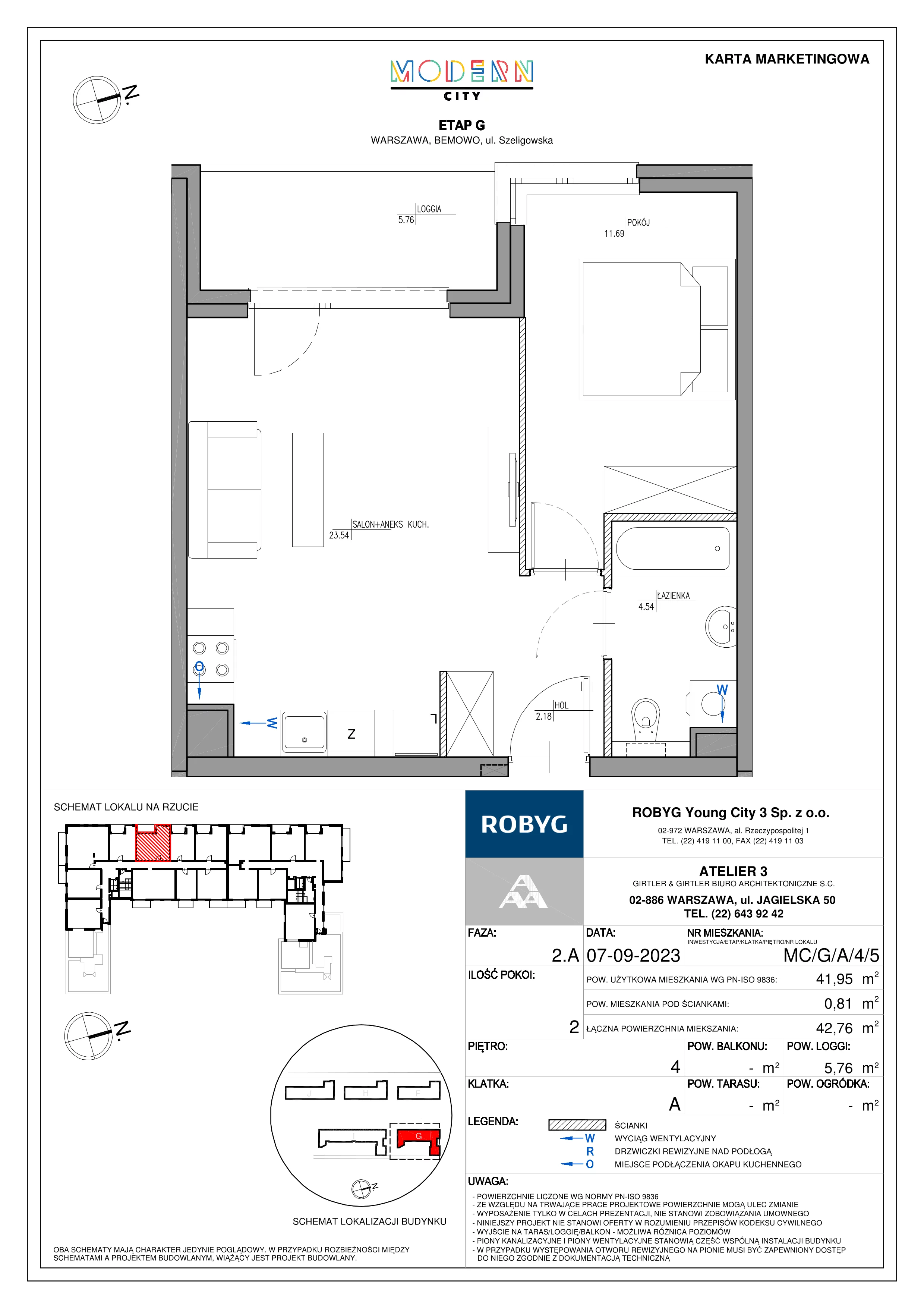 2 pokoje, mieszkanie 41,87 m², piętro 4, oferta nr MC/G/A/4/5, Modern City etap G, Warszawa, Bemowo, Chrzanów, ul. Szeligowska