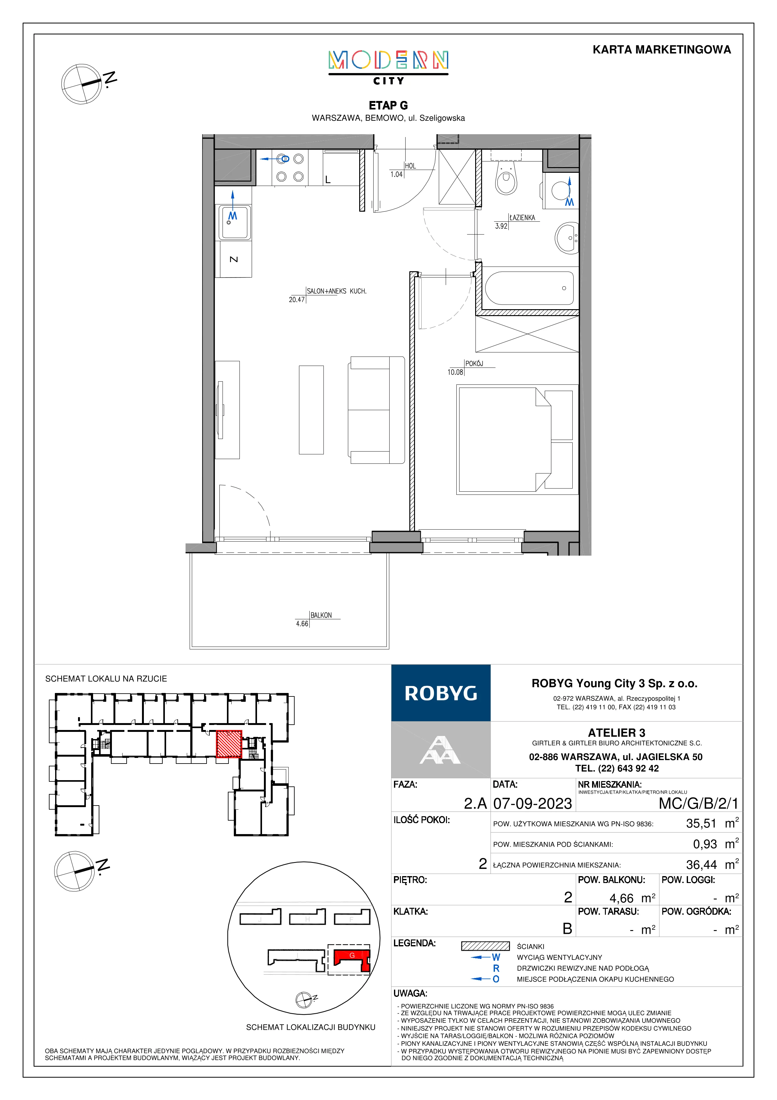 2 pokoje, mieszkanie 35,51 m², piętro 2, oferta nr MC/G/B/2/1, Modern City etap G, Warszawa, Bemowo, Chrzanów, ul. Szeligowska