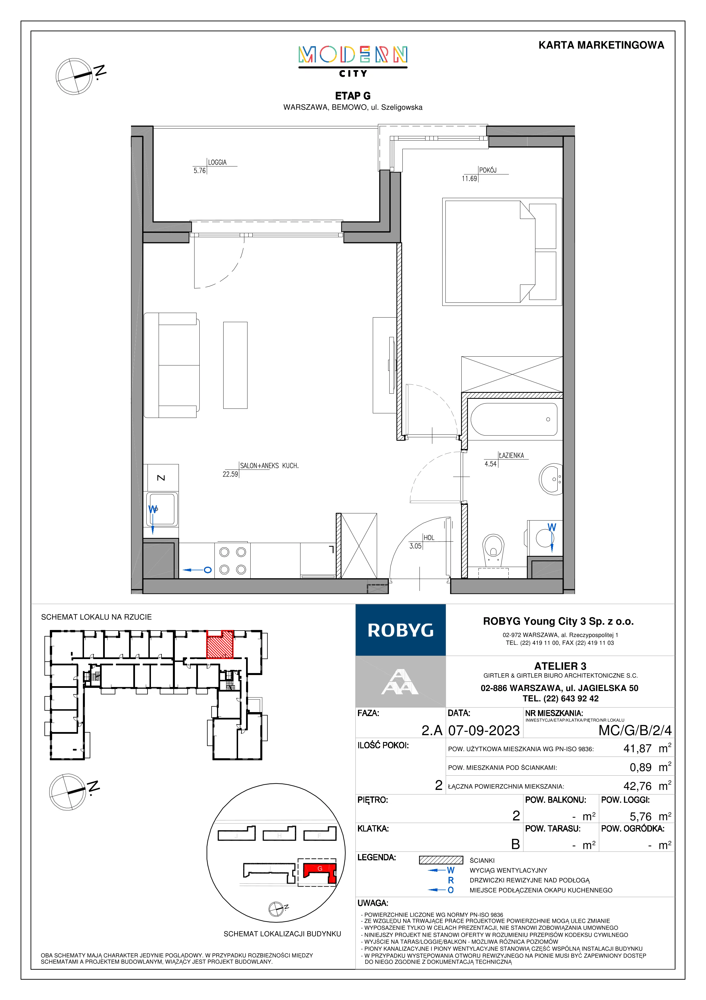 2 pokoje, mieszkanie 41,87 m², piętro 2, oferta nr MC/G/B/2/4, Modern City etap G, Warszawa, Bemowo, Chrzanów, ul. Szeligowska
