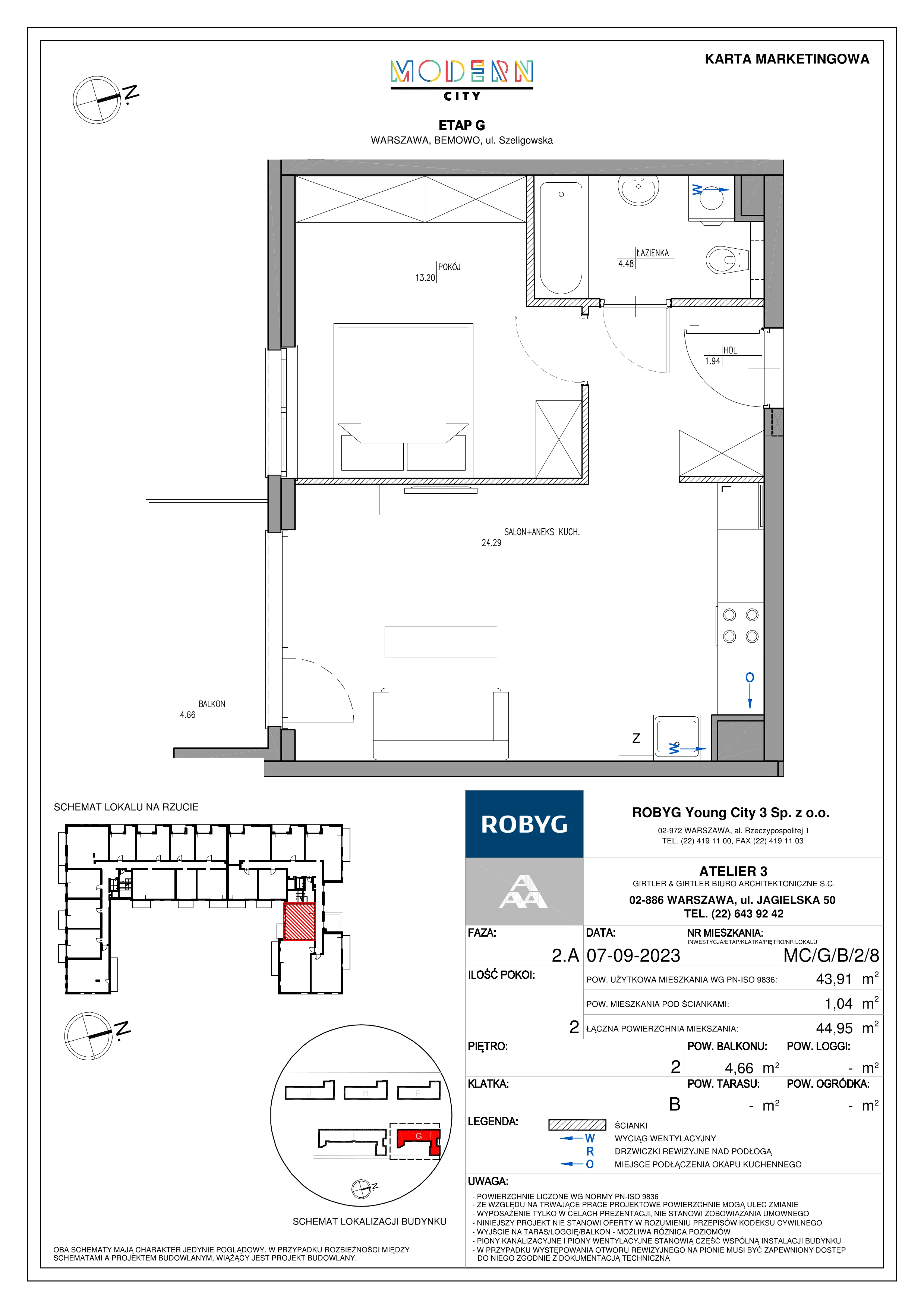 2 pokoje, mieszkanie 43,91 m², piętro 2, oferta nr MC/G/B/2/8, Modern City etap G, Warszawa, Bemowo, Chrzanów, ul. Szeligowska