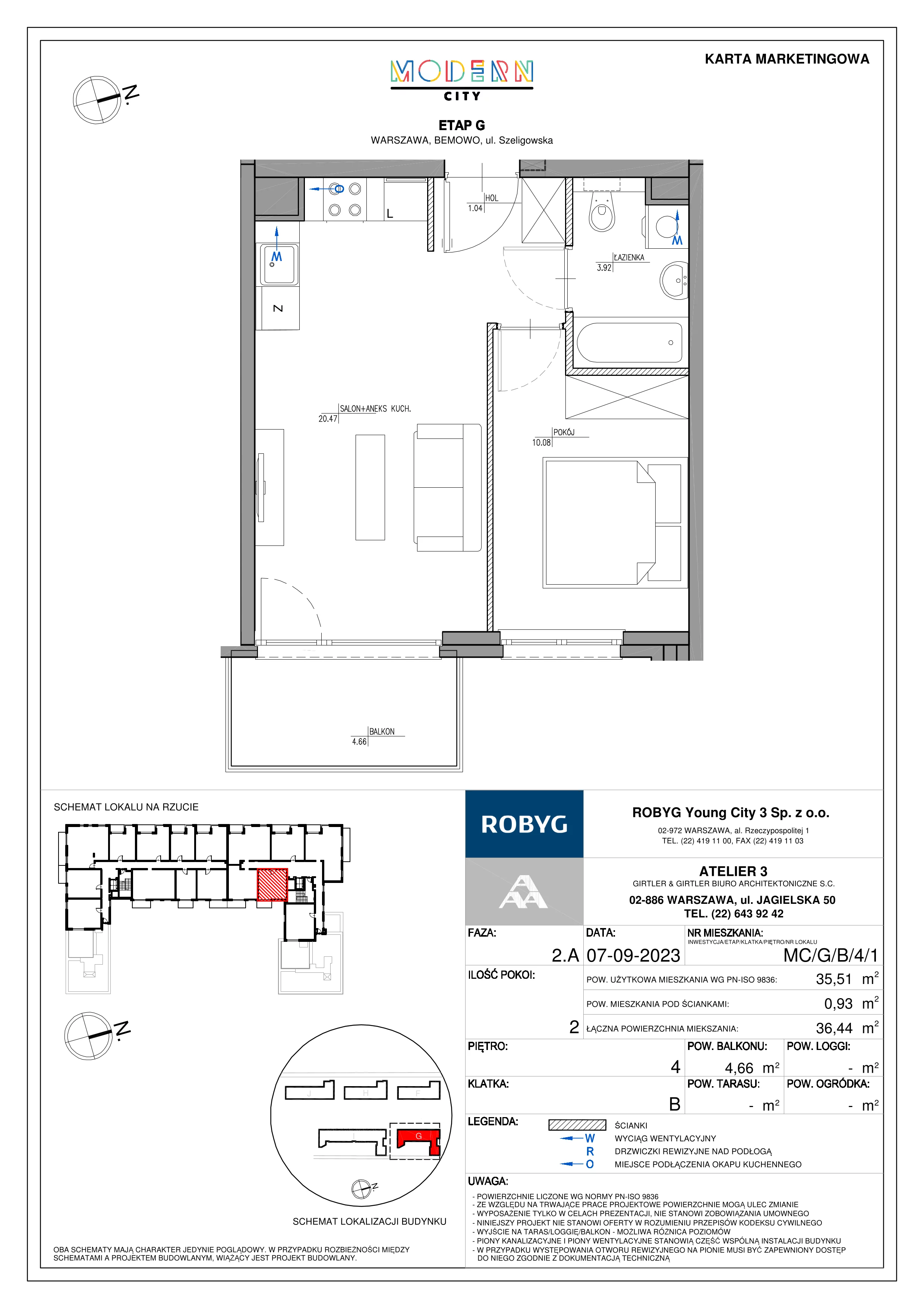 2 pokoje, mieszkanie 35,51 m², piętro 4, oferta nr MC/G/B/4/1, Modern City etap G, Warszawa, Bemowo, Chrzanów, ul. Szeligowska