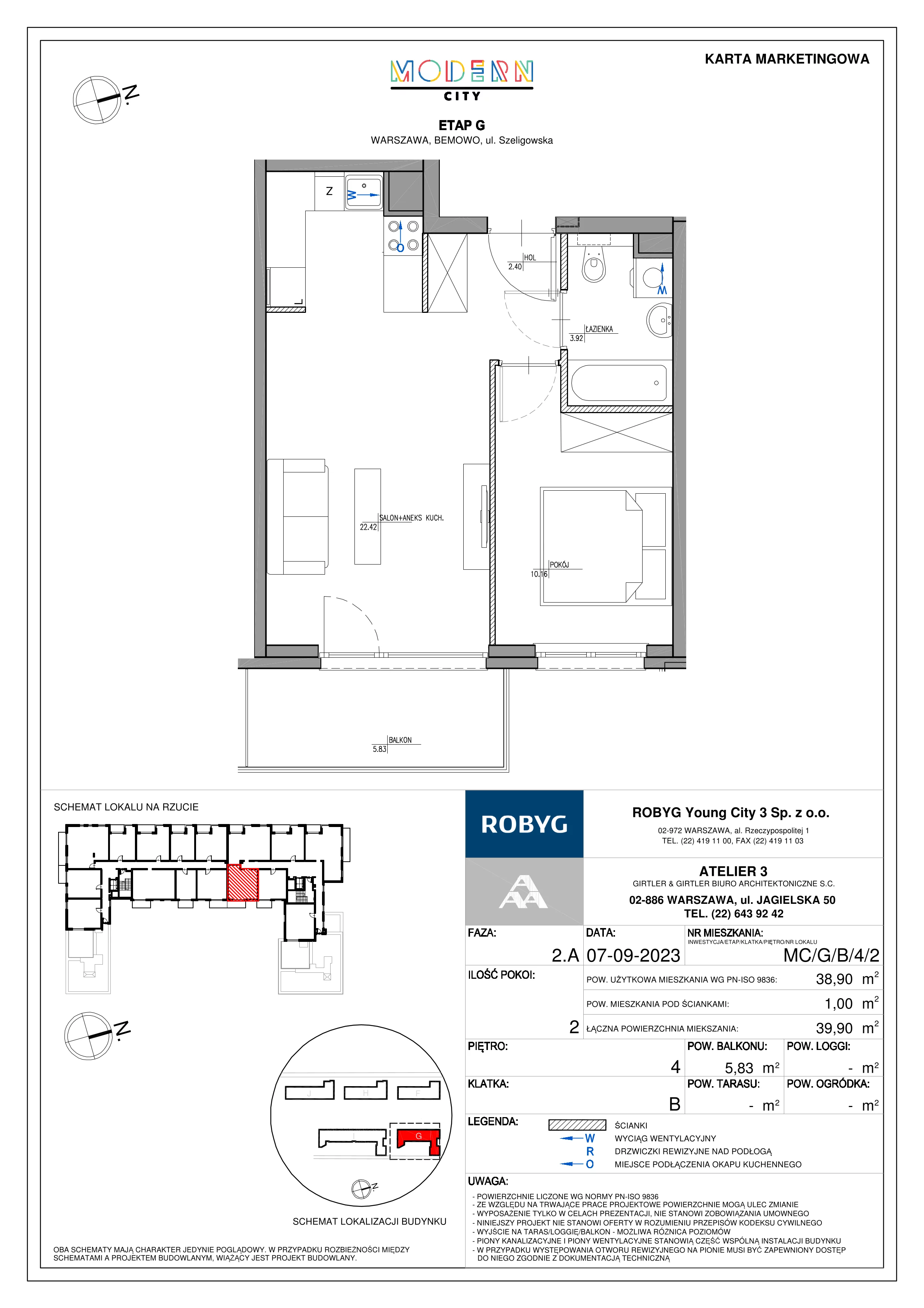 2 pokoje, mieszkanie 38,90 m², piętro 4, oferta nr MC/G/B/4/2, Modern City etap G, Warszawa, Bemowo, Chrzanów, ul. Szeligowska