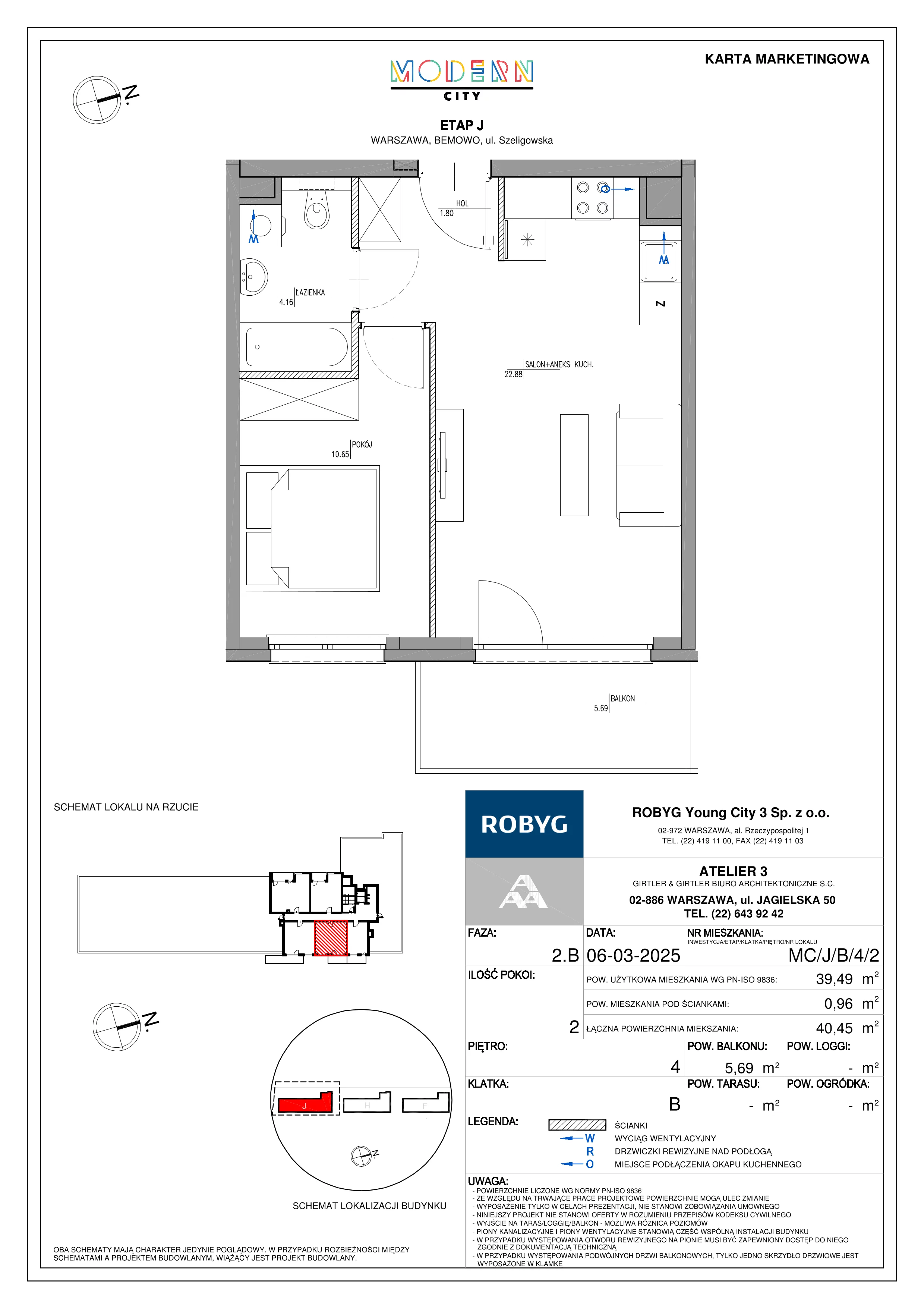 2 pokoje, mieszkanie 39,49 m², piętro 4, oferta nr MC/J/B/4/2, Modern City etap J, Warszawa, Bemowo, Chrzanów, ul. Szeligowska