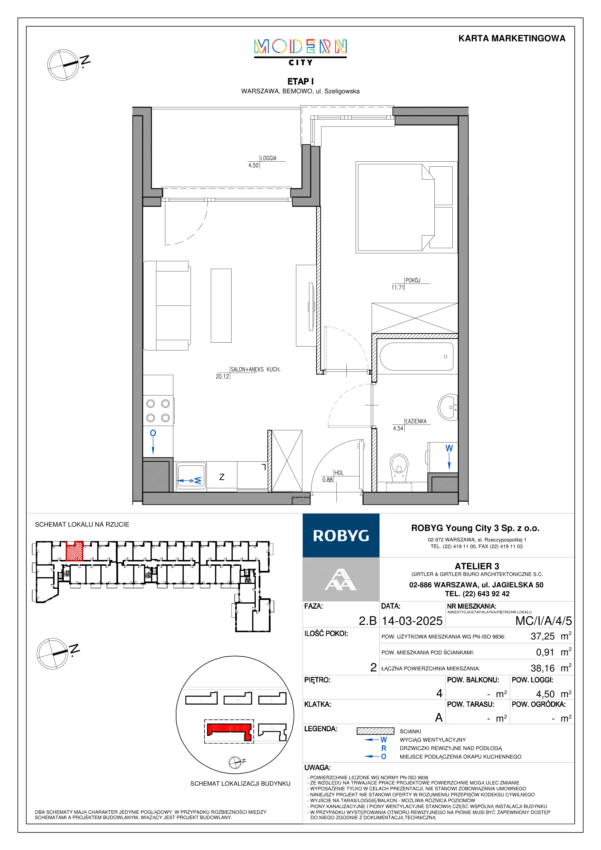 2 pokoje, mieszkanie 37,25 m², piętro 4, oferta nr MC/I/A/4/5, Modern City etap I, Warszawa, Bemowo, Chrzanów, ul. Szeligowska