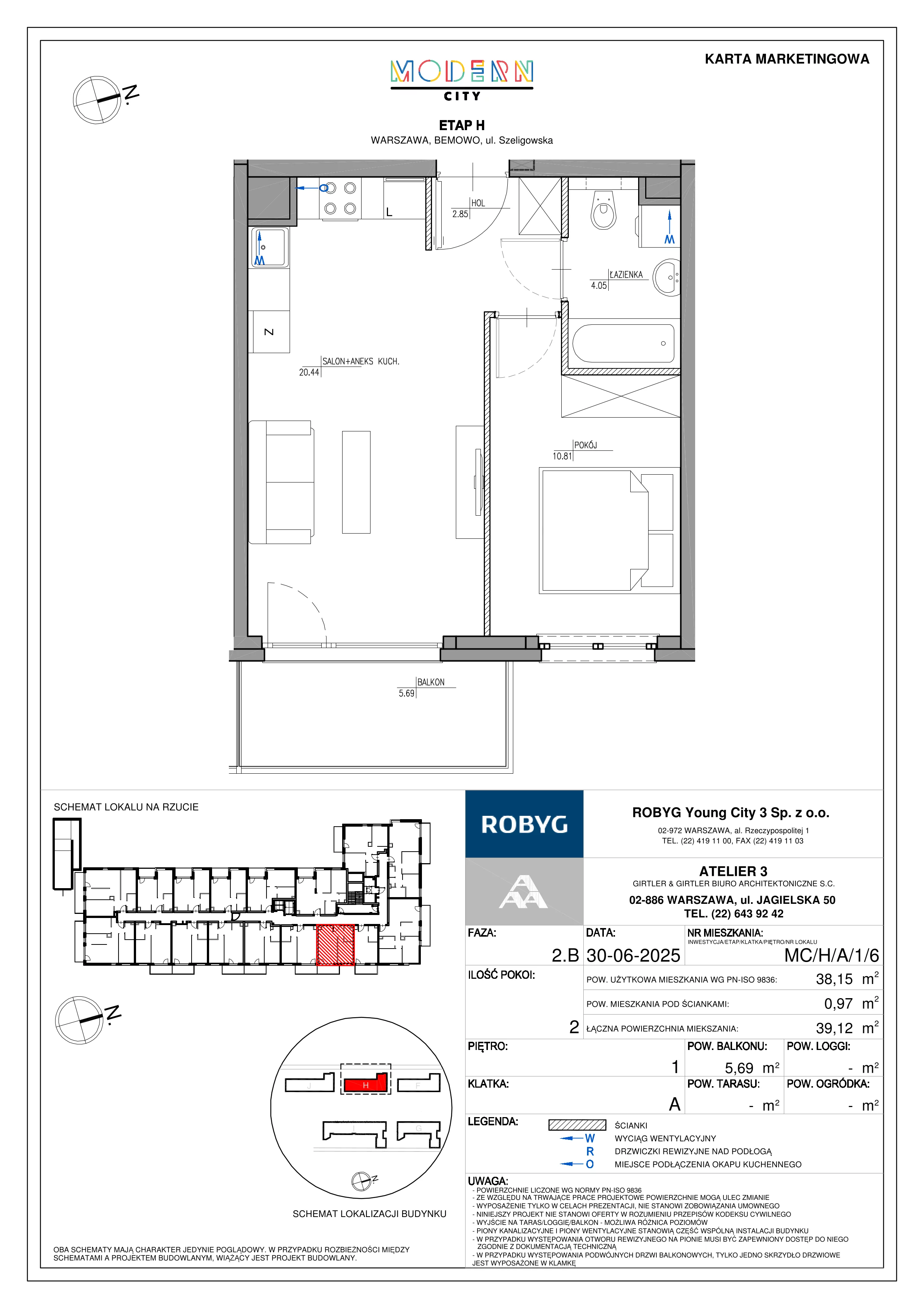 2 pokoje, mieszkanie 38,15 m², piętro 1, oferta nr MC/H/A/1/6, Modern City etap H, Warszawa, Bemowo, Chrzanów, ul. Szeligowska