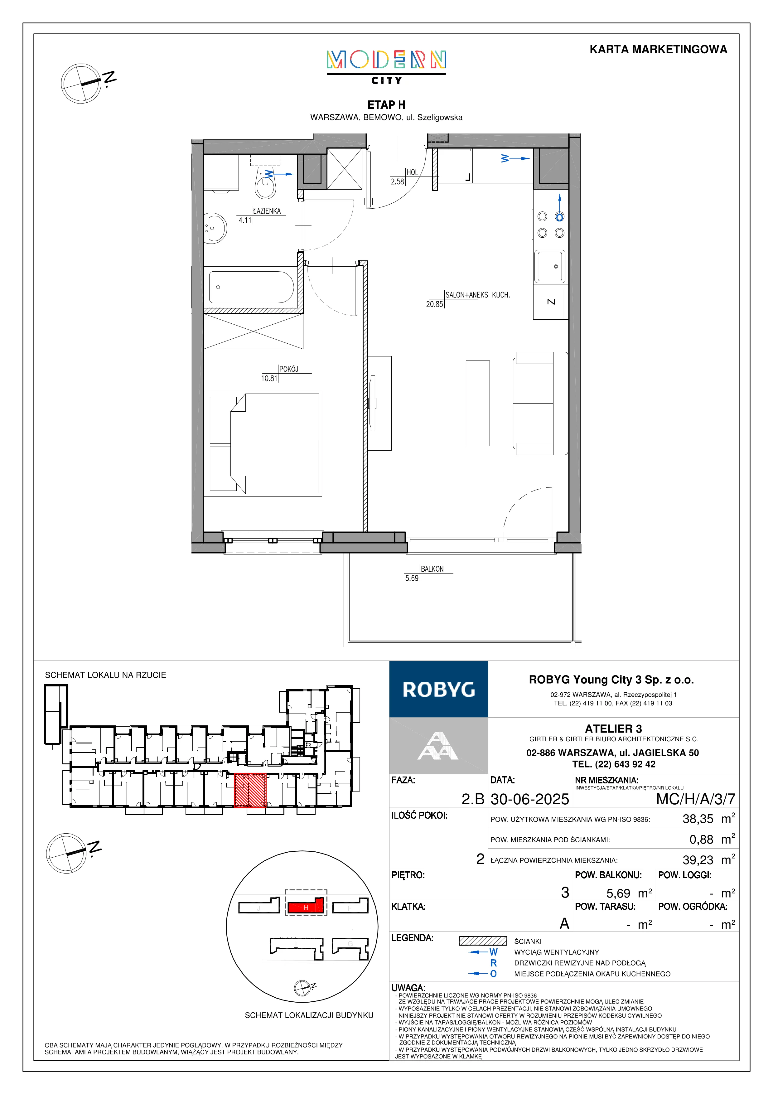 2 pokoje, mieszkanie 38,35 m², piętro 3, oferta nr MC/H/A/3/7, Modern City etap H, Warszawa, Bemowo, Chrzanów, ul. Szeligowska