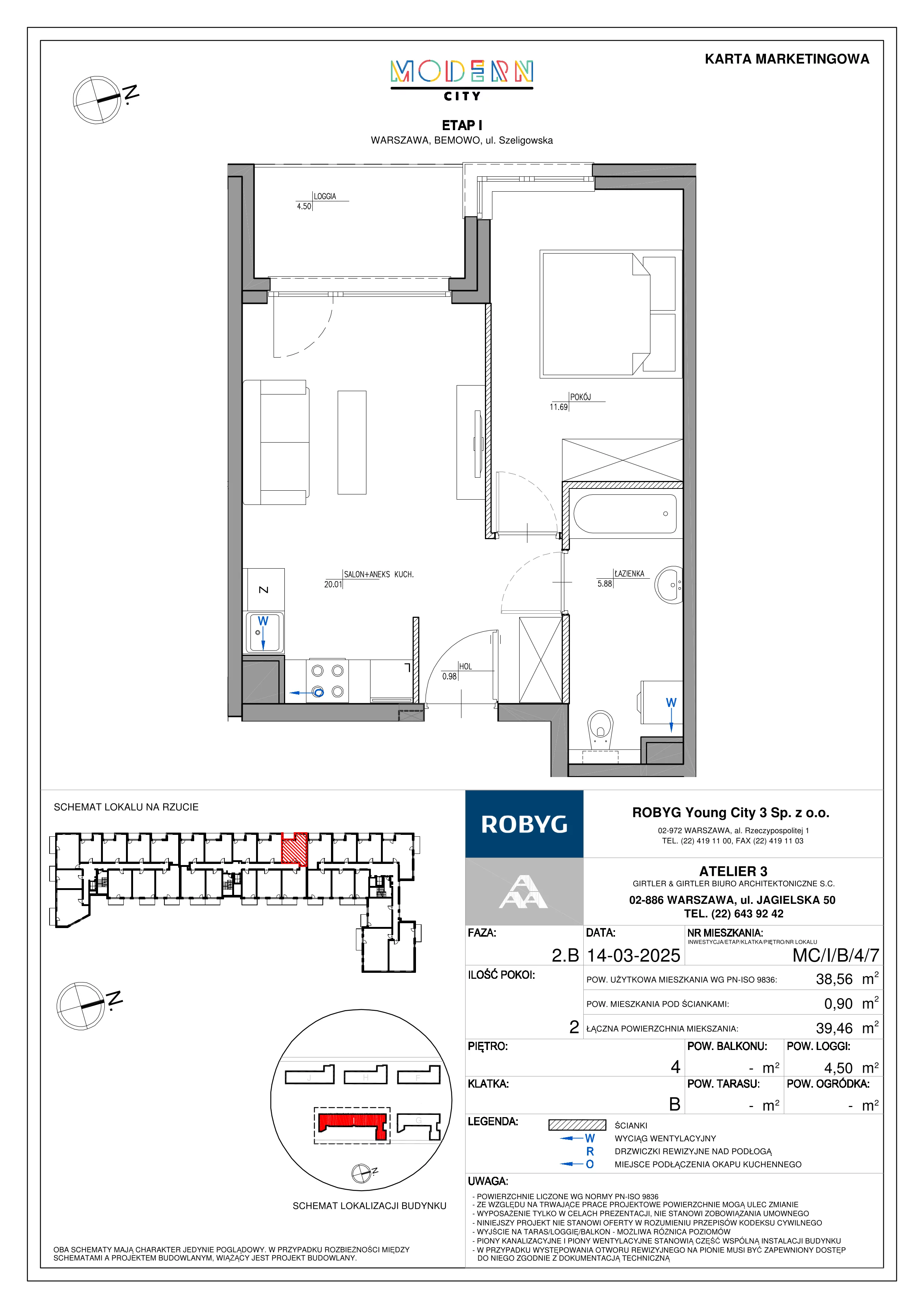 2 pokoje, mieszkanie 38,56 m², piętro 4, oferta nr MC/I/B/4/7, Modern City etap I, Warszawa, Bemowo, Chrzanów, ul. Szeligowska