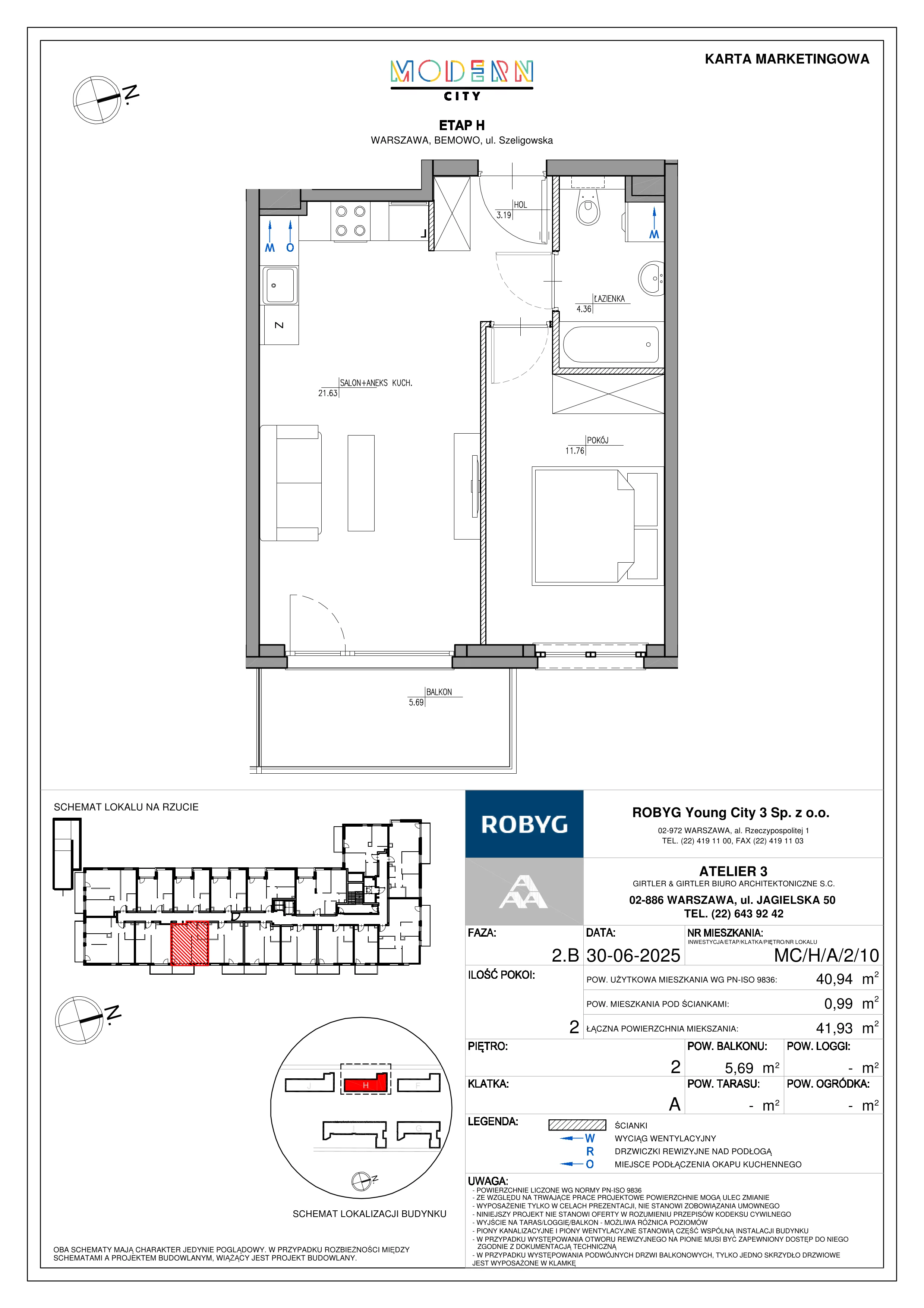 2 pokoje, mieszkanie 40,94 m², piętro 2, oferta nr MC/H/A/2/10, Modern City etap H, Warszawa, Bemowo, Chrzanów, ul. Szeligowska