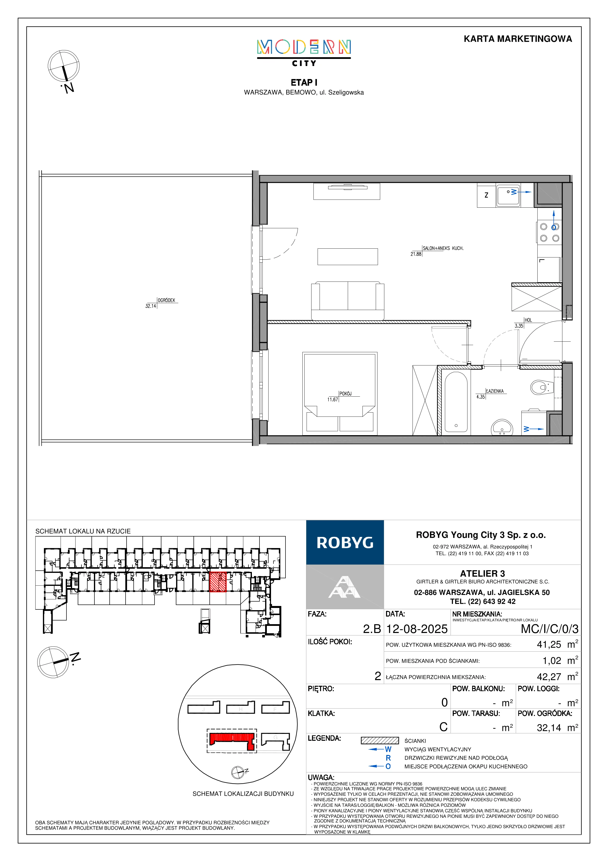 2 pokoje, mieszkanie 41,25 m², parter, oferta nr MC/I/C/0/3, Modern City etap I, Warszawa, Bemowo, Chrzanów, ul. Szeligowska