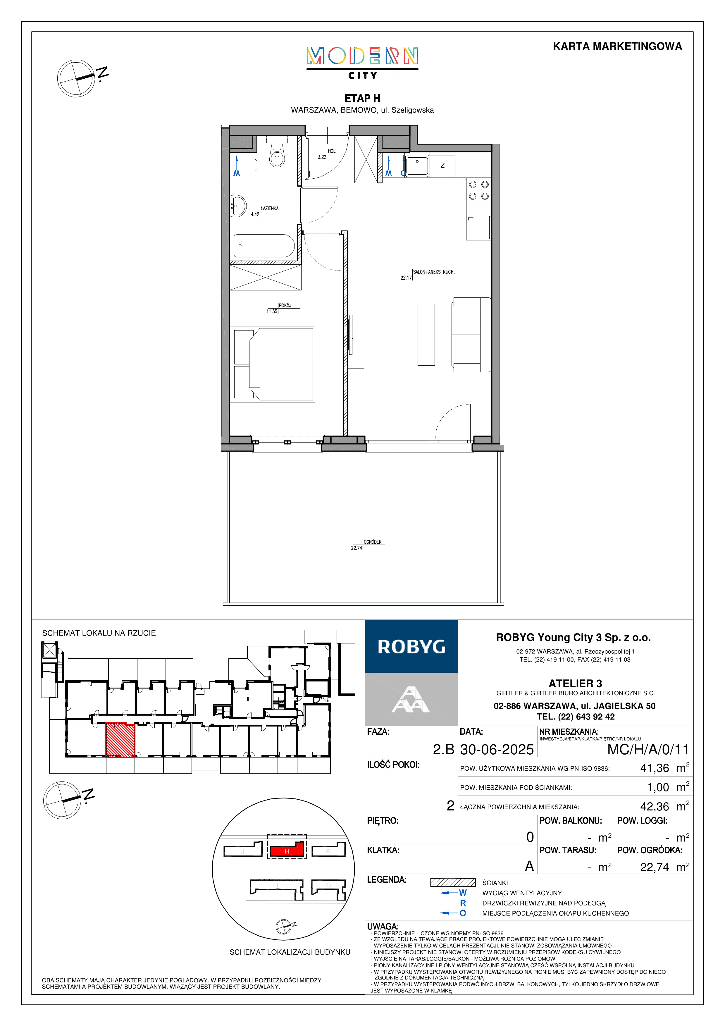 2 pokoje, mieszkanie 41,36 m², parter, oferta nr MC/H/A/0/11, Modern City etap H, Warszawa, Bemowo, Chrzanów, ul. Szeligowska