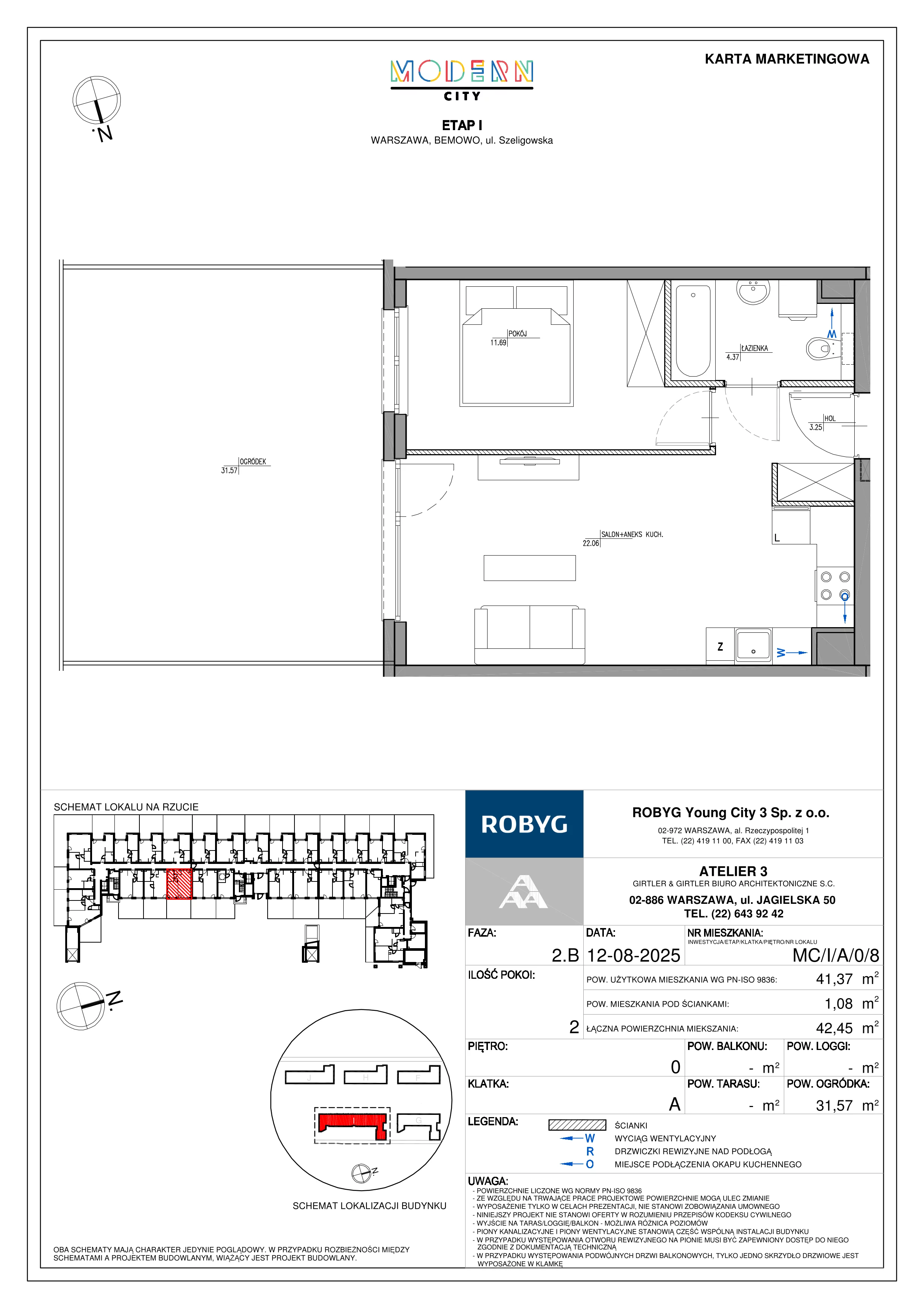 2 pokoje, mieszkanie 41,37 m², parter, oferta nr MC/I/A/0/8, Modern City etap I, Warszawa, Bemowo, Chrzanów, ul. Szeligowska