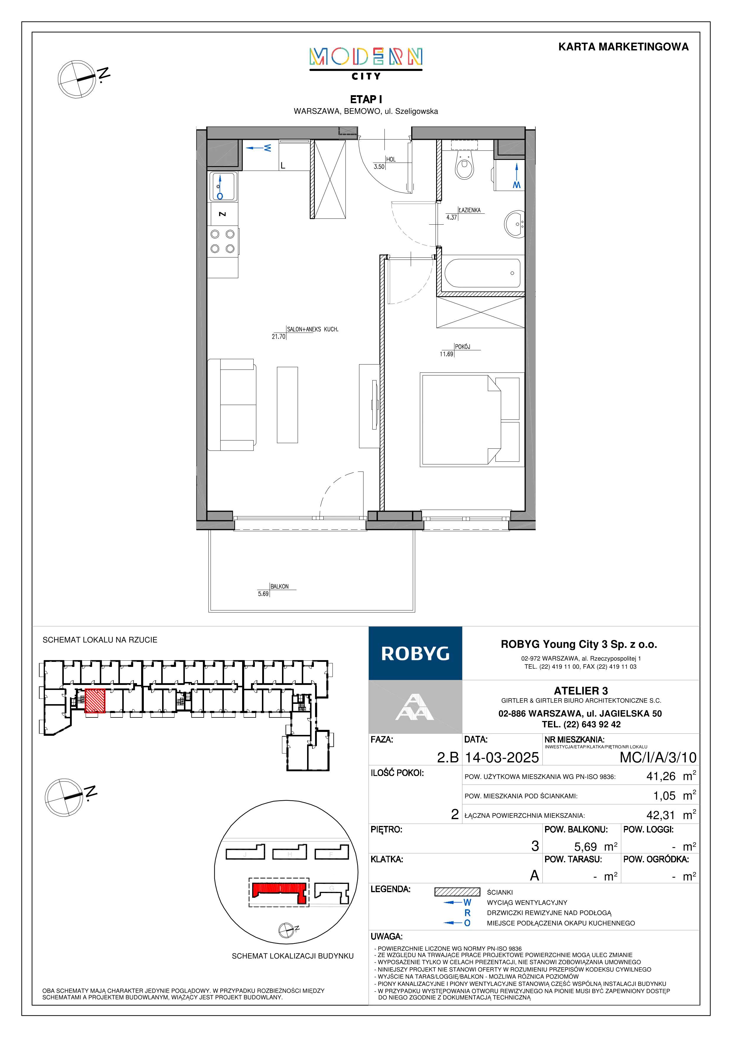 2 pokoje, mieszkanie 41,26 m², piętro 3, oferta nr MC/I/A/3/10, Modern City etap I, Warszawa, Bemowo, Chrzanów, ul. Szeligowska