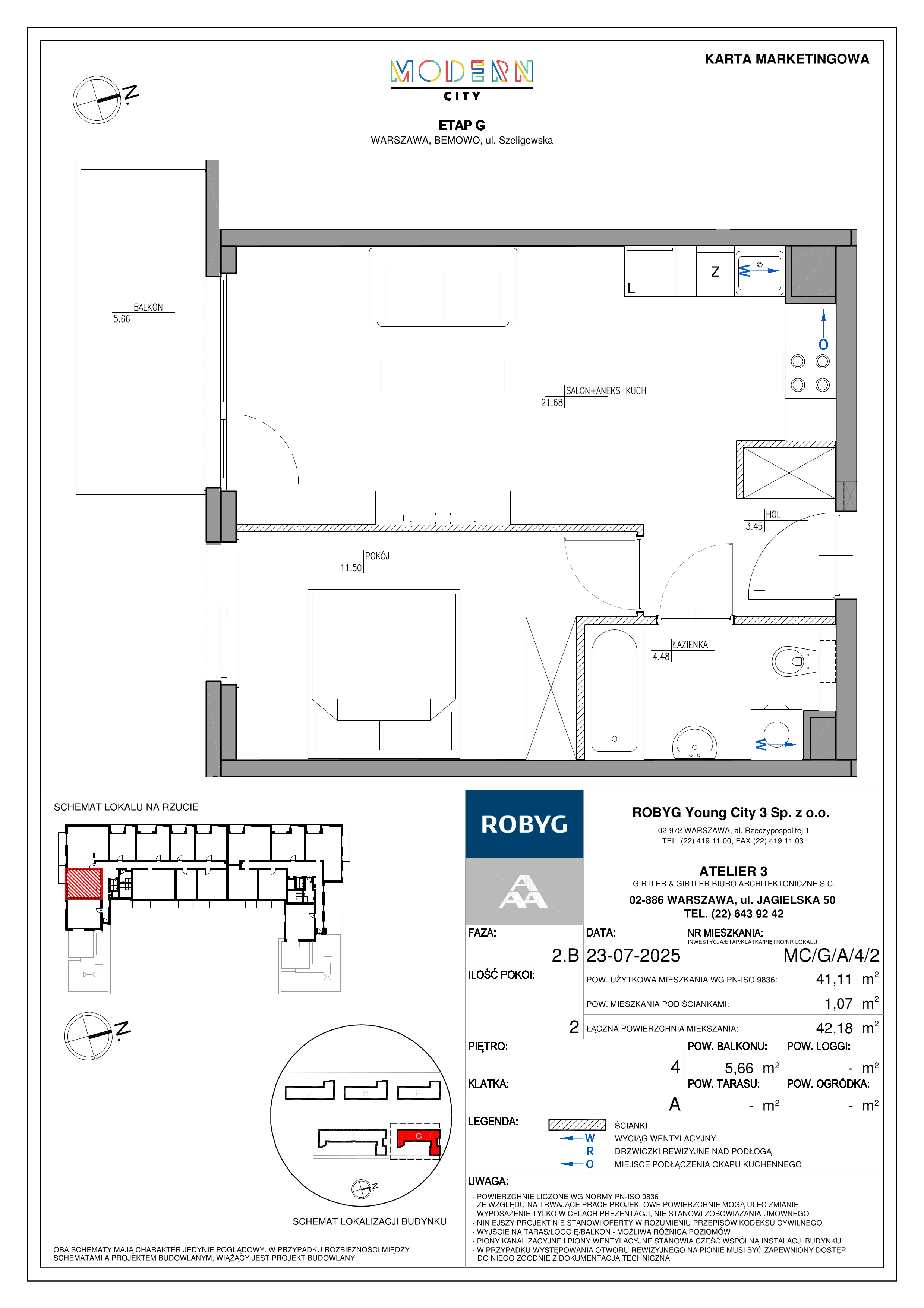 2 pokoje, mieszkanie 41,11 m², piętro 4, oferta nr MC/G/A/4/2, Modern City etap G, Warszawa, Bemowo, Chrzanów, ul. Szeligowska