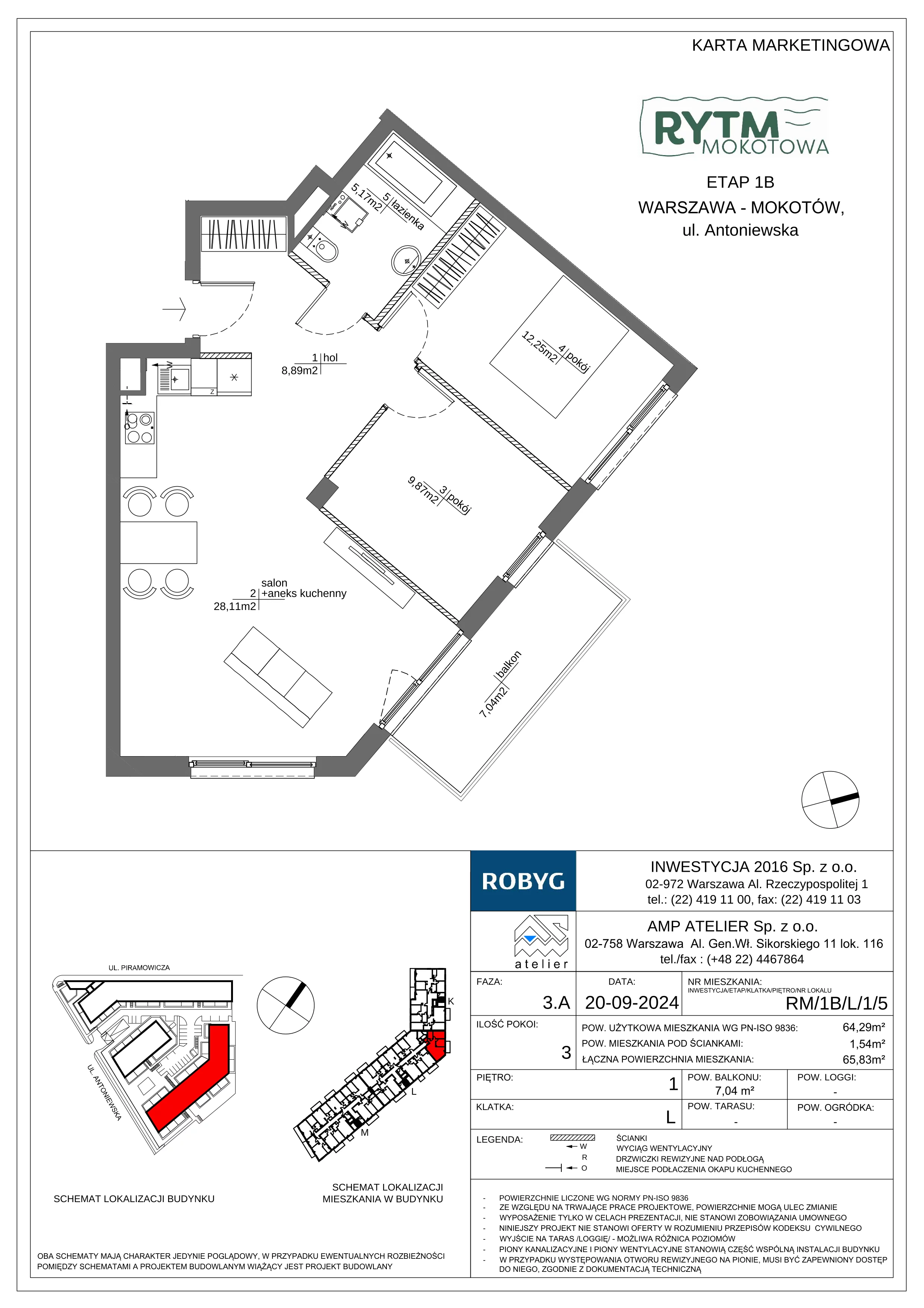 3 pokoje, mieszkanie 64,29 m², piętro 1, oferta nr RM/1B/L/1/5, Rytm Mokotowa 1B, Warszawa, Mokotów, Augustówka, ul. Antoniewska / Piramowicza