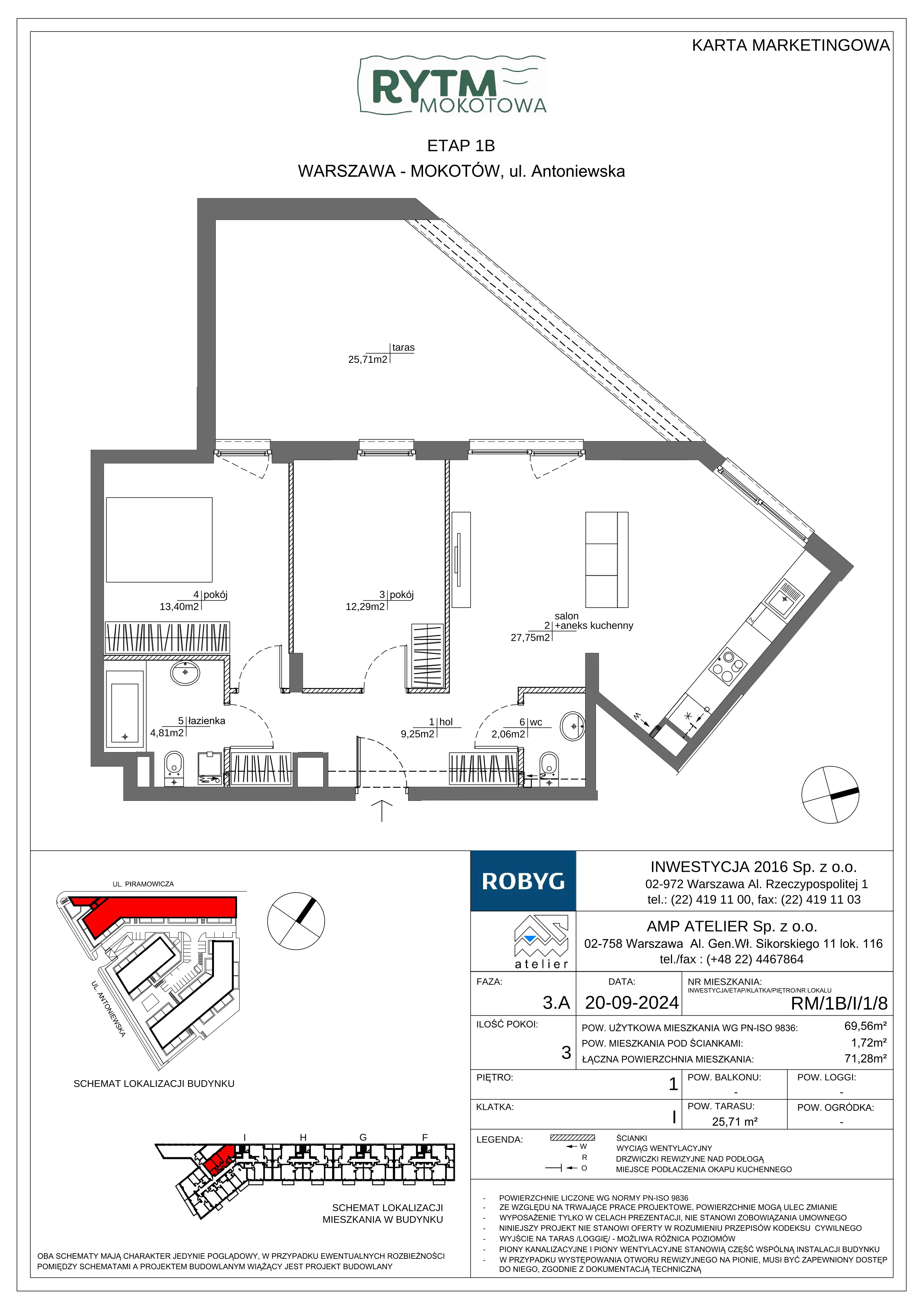 3 pokoje, mieszkanie 69,56 m², piętro 1, oferta nr RM/1B/I/1/8, Rytm Mokotowa 1B, Warszawa, Mokotów, Augustówka, ul. Antoniewska / Piramowicza
