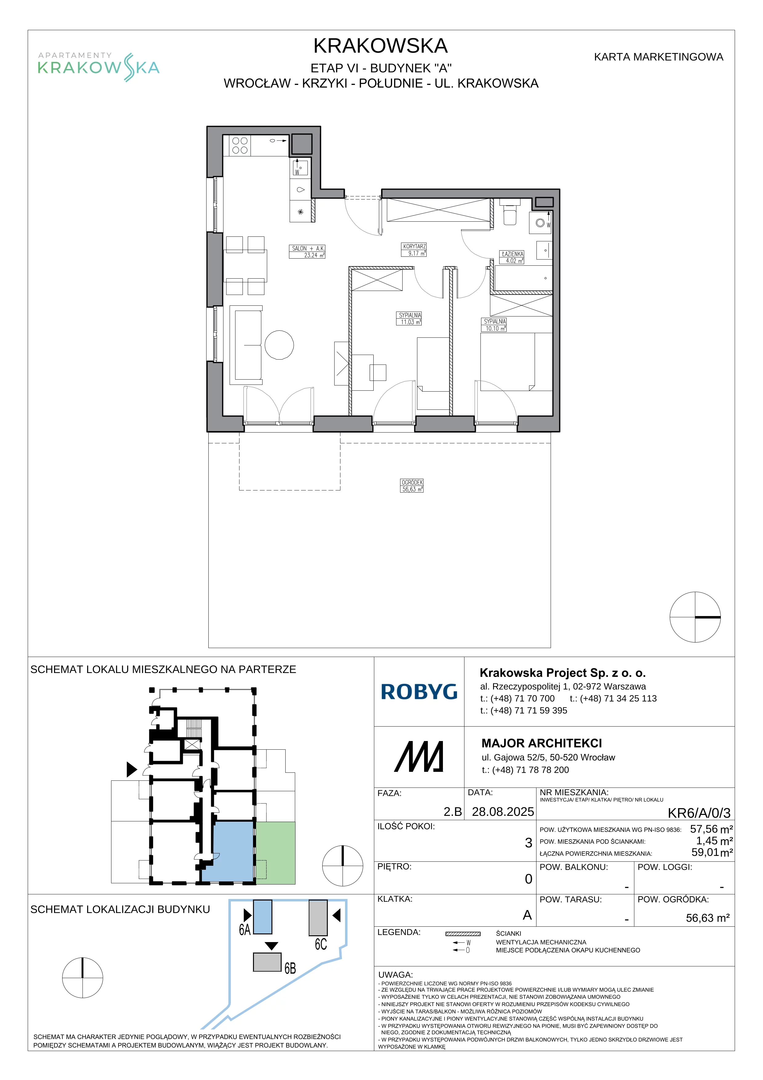 3 pokoje, mieszkanie 57,56 m², parter, oferta nr KR6/A/0/3, Apartamenty Krakowska 6, Wrocław, Przedmieście Oławskie, Krzyki, ul. Krakowska