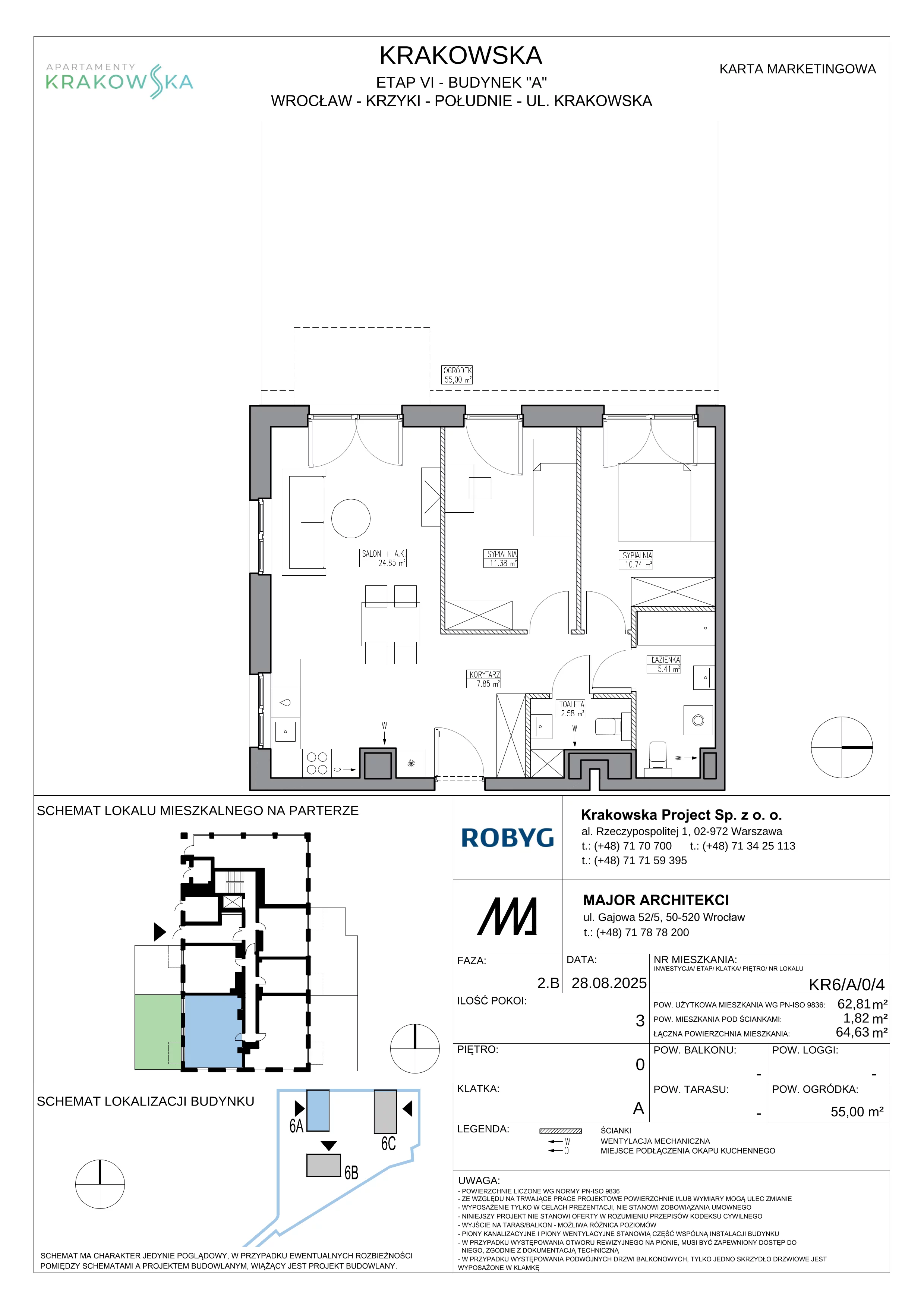 3 pokoje, mieszkanie 62,81 m², parter, oferta nr KR6/A/0/4, Apartamenty Krakowska 6, Wrocław, Przedmieście Oławskie, Krzyki, ul. Krakowska
