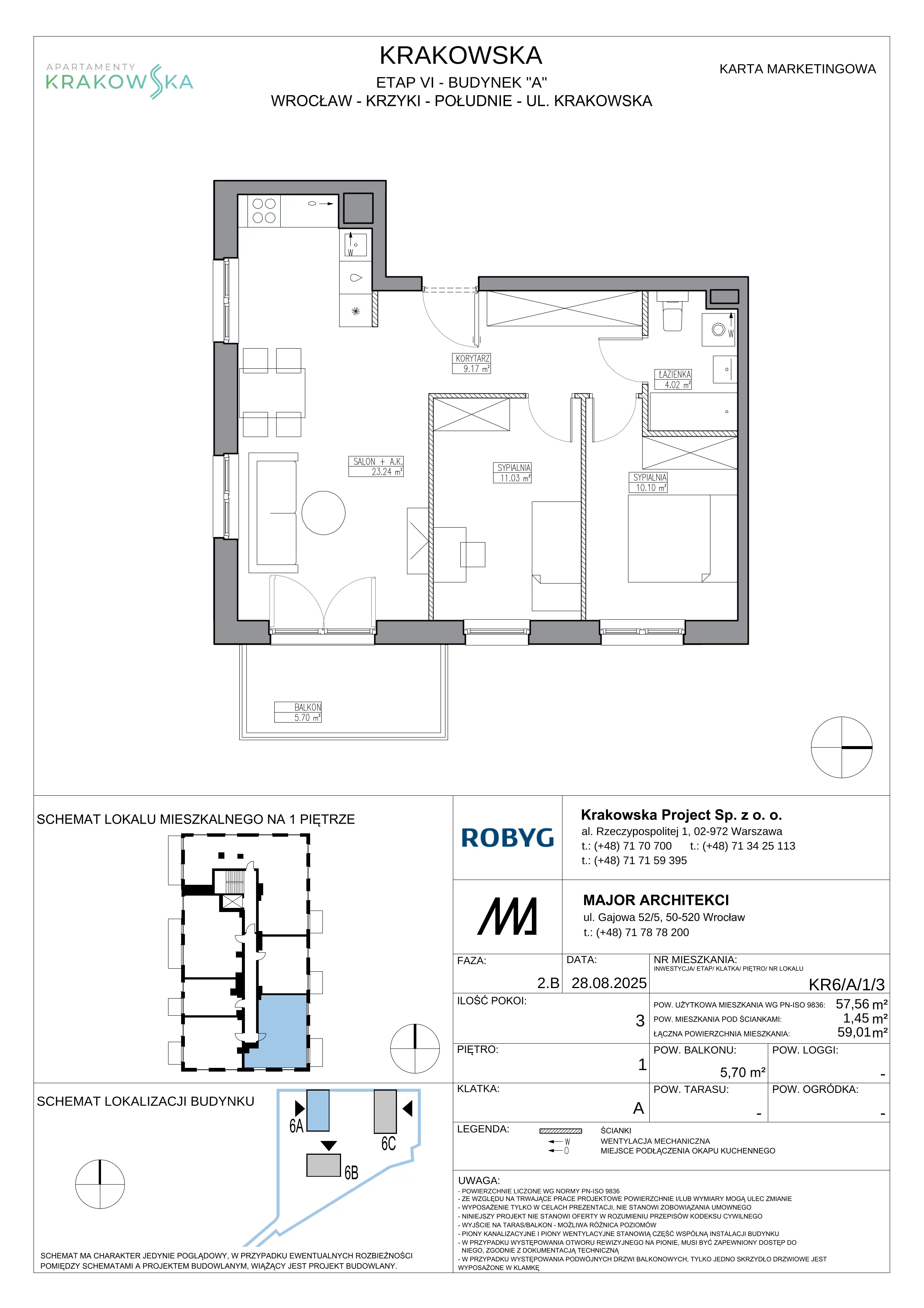 3 pokoje, mieszkanie 57,56 m², piętro 1, oferta nr KR6/A/1/3, Apartamenty Krakowska 6, Wrocław, Przedmieście Oławskie, Krzyki, ul. Krakowska