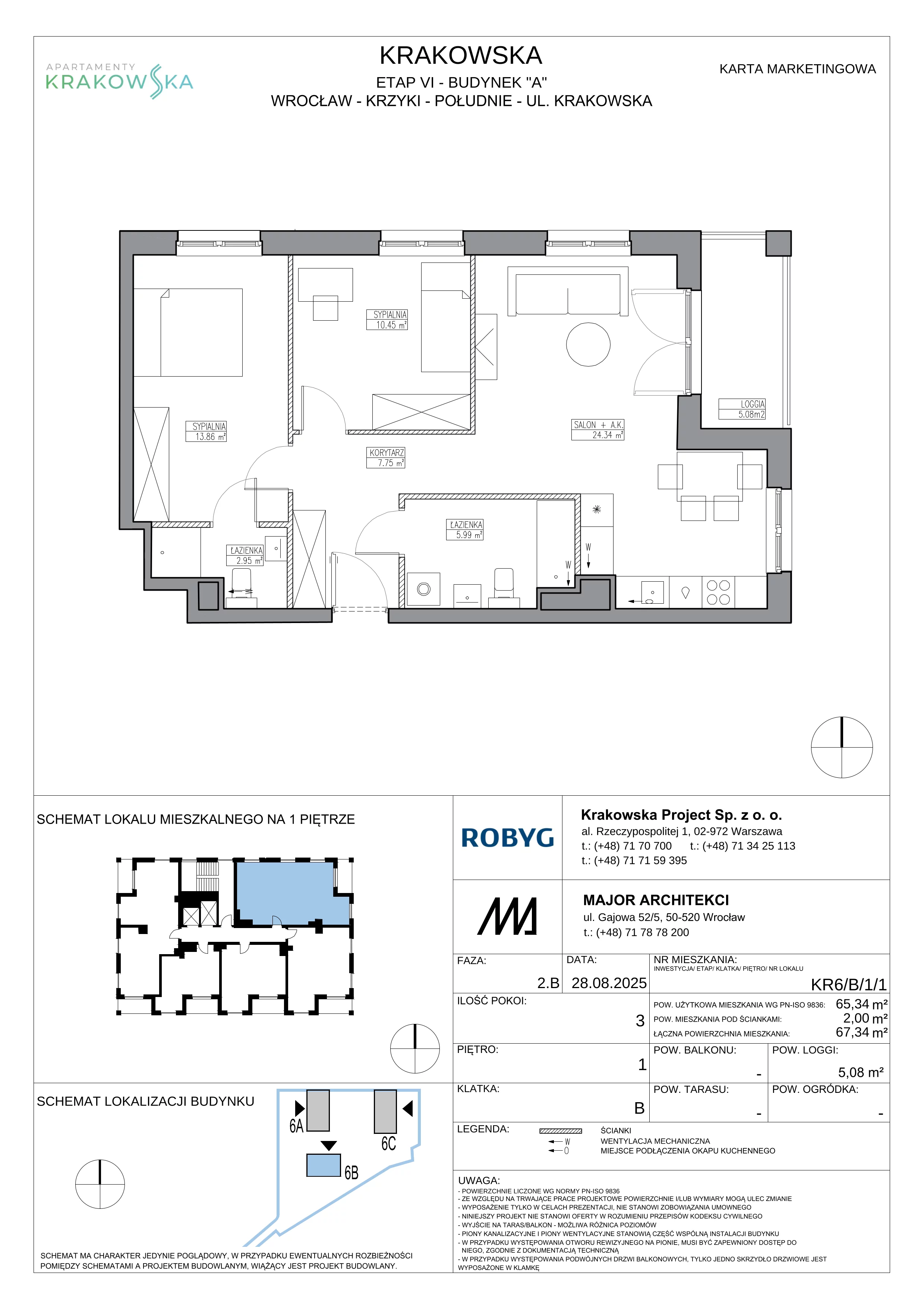 3 pokoje, mieszkanie 65,34 m², piętro 1, oferta nr KR6/B/1/1, Apartamenty Krakowska 6, Wrocław, Przedmieście Oławskie, Krzyki, ul. Krakowska