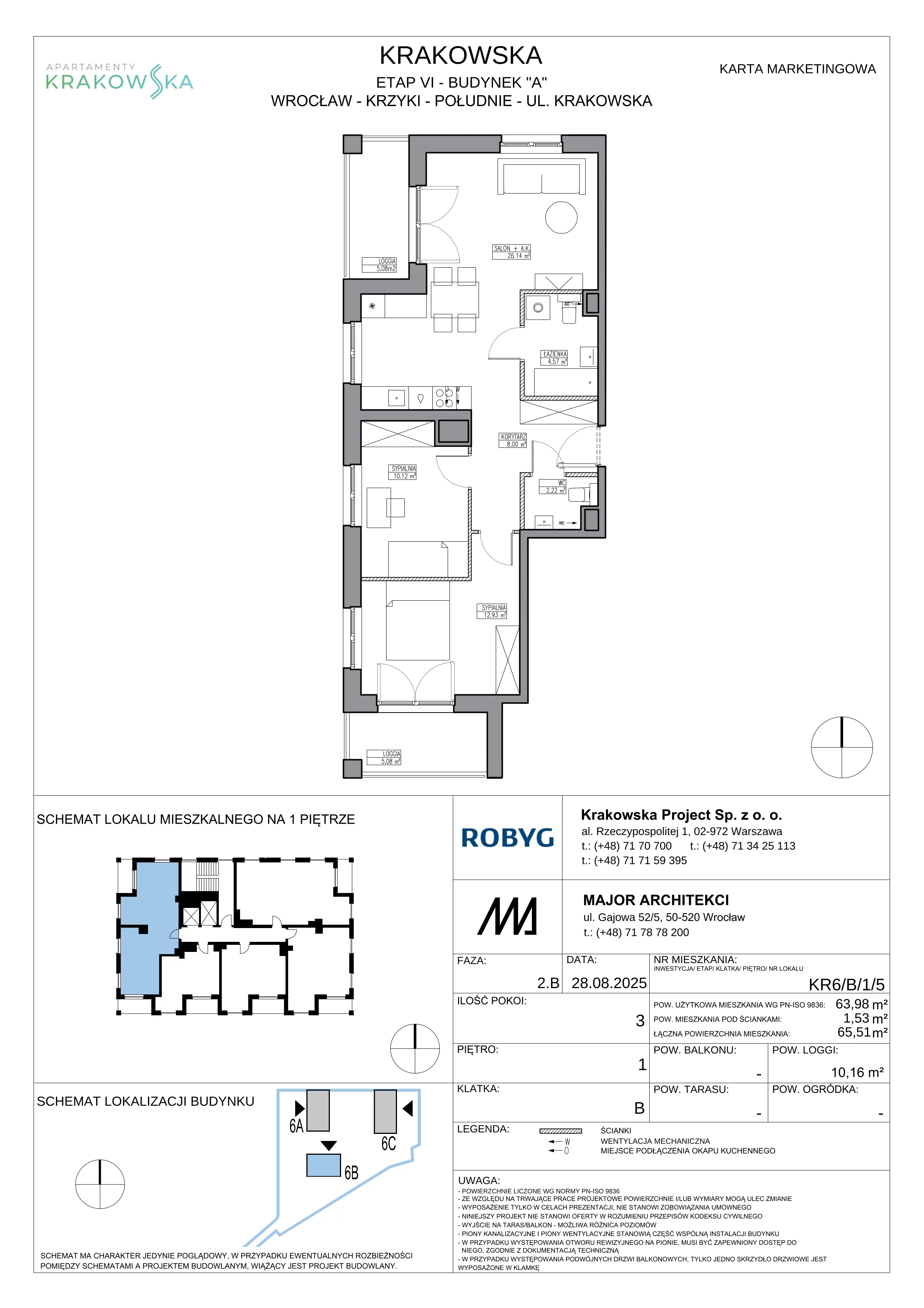 3 pokoje, mieszkanie 63,98 m², piętro 1, oferta nr KR6/B/1/5, Apartamenty Krakowska 6, Wrocław, Przedmieście Oławskie, Krzyki, ul. Krakowska