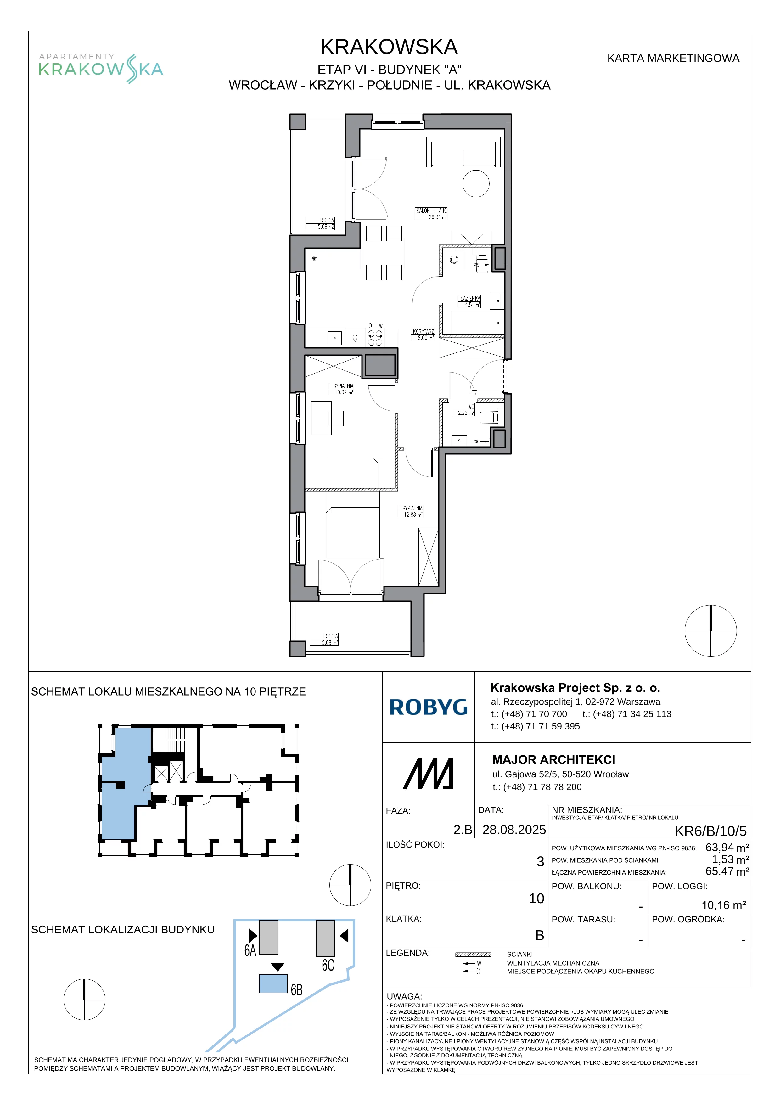 3 pokoje, mieszkanie 63,94 m², piętro 10, oferta nr KR6/B/10/5, Apartamenty Krakowska 6, Wrocław, Przedmieście Oławskie, Krzyki, ul. Krakowska