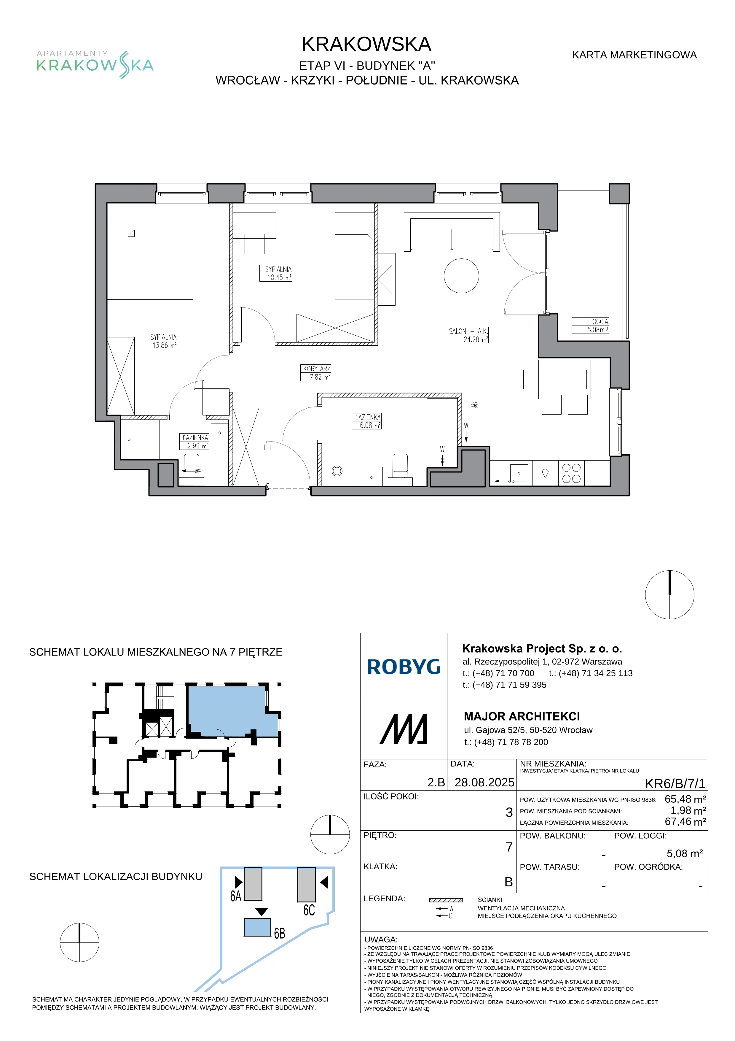 3 pokoje, mieszkanie 65,48 m², piętro 7, oferta nr KR6/B/7/1, Apartamenty Krakowska 6, Wrocław, Przedmieście Oławskie, Krzyki, ul. Krakowska