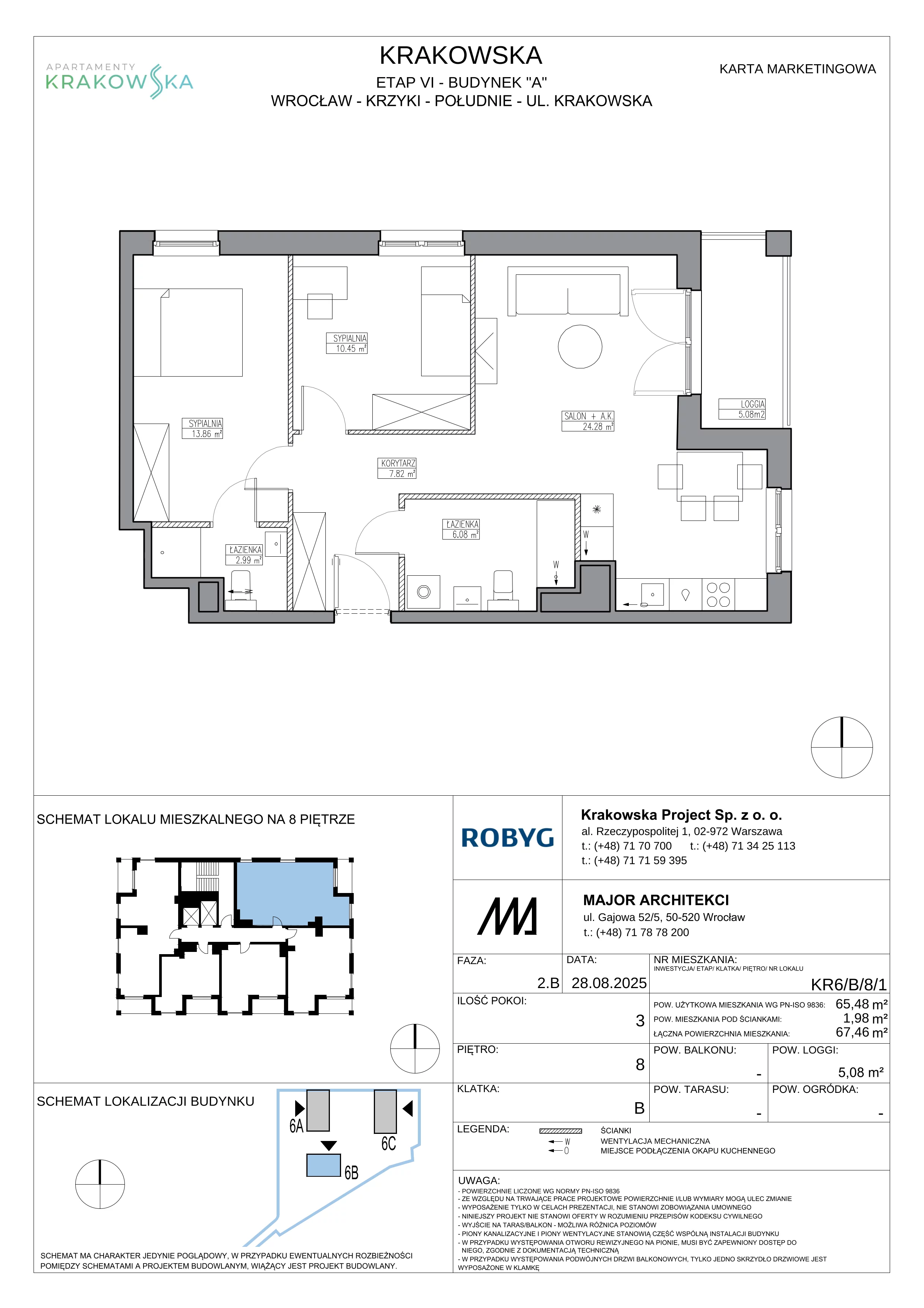 3 pokoje, mieszkanie 65,48 m², piętro 8, oferta nr KR6/B/8/1, Apartamenty Krakowska 6, Wrocław, Przedmieście Oławskie, Krzyki, ul. Krakowska
