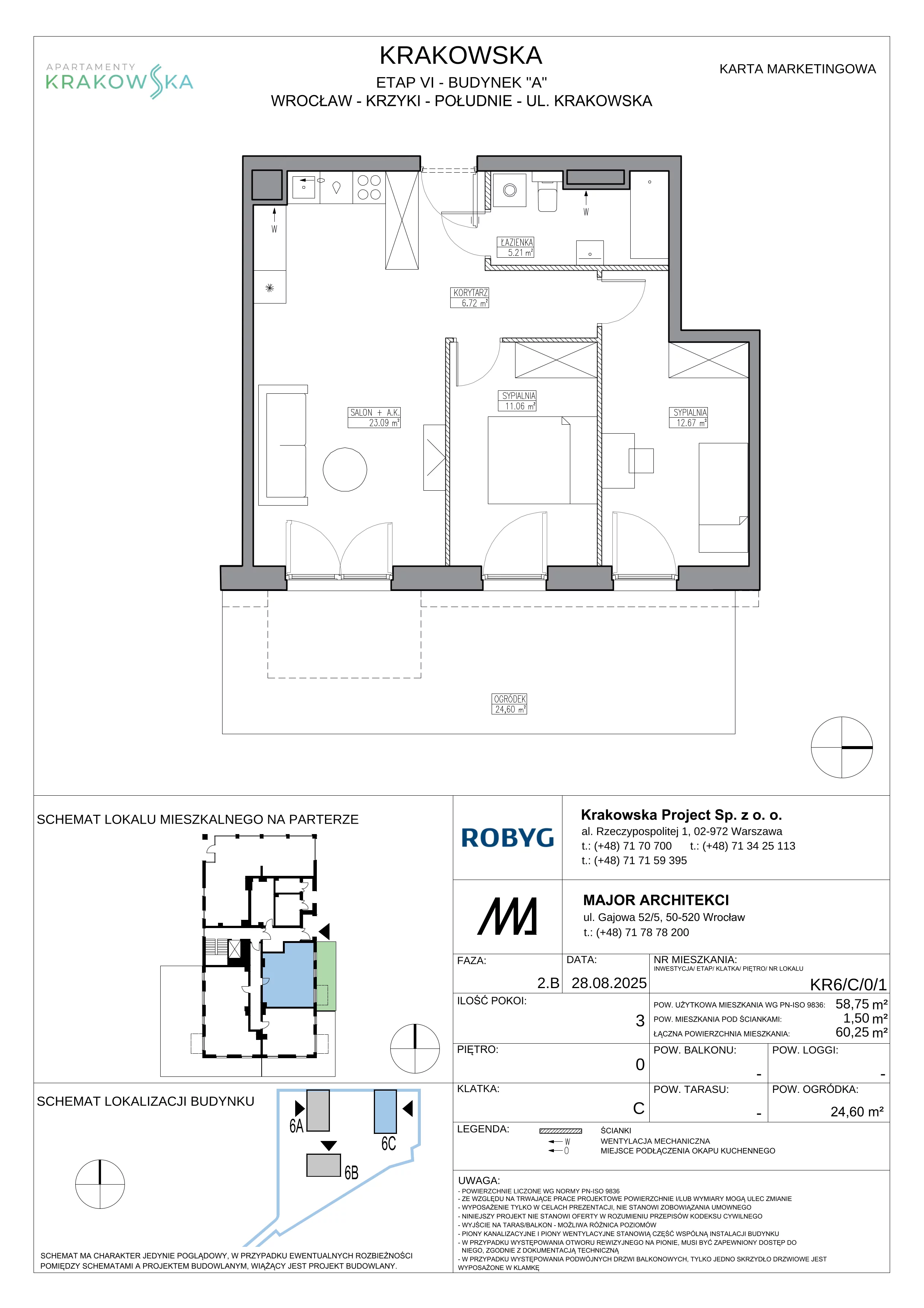 3 pokoje, mieszkanie 58,75 m², parter, oferta nr KR6/C/0/1, Apartamenty Krakowska 6, Wrocław, Przedmieście Oławskie, Krzyki, ul. Krakowska