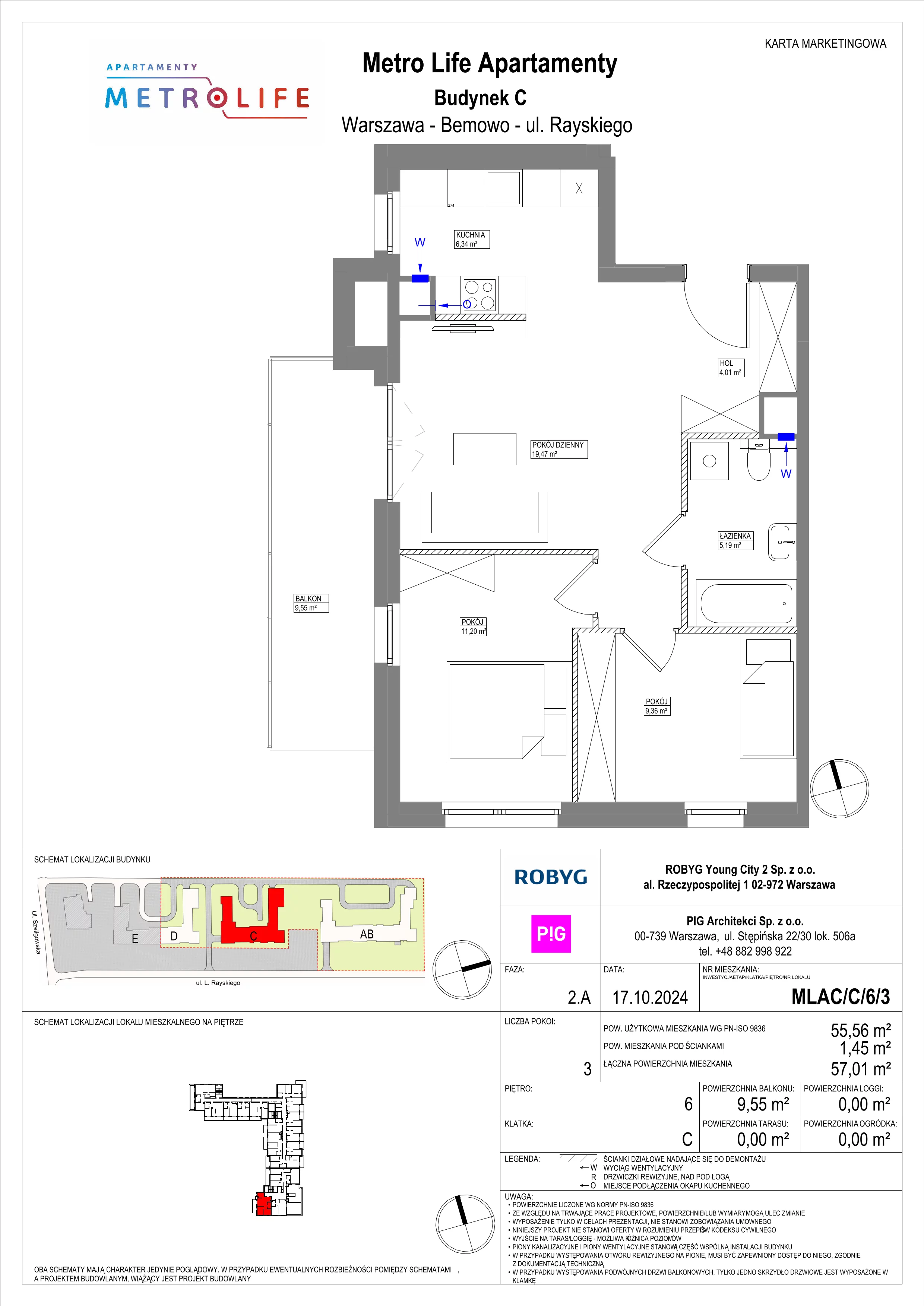 3 pokoje, mieszkanie 55,56 m², piętro 6, oferta nr MLAC/C/6/3, Metro Life Apartamenty, Warszawa, Bemowo, Chrzanów, ul. Rayskiego