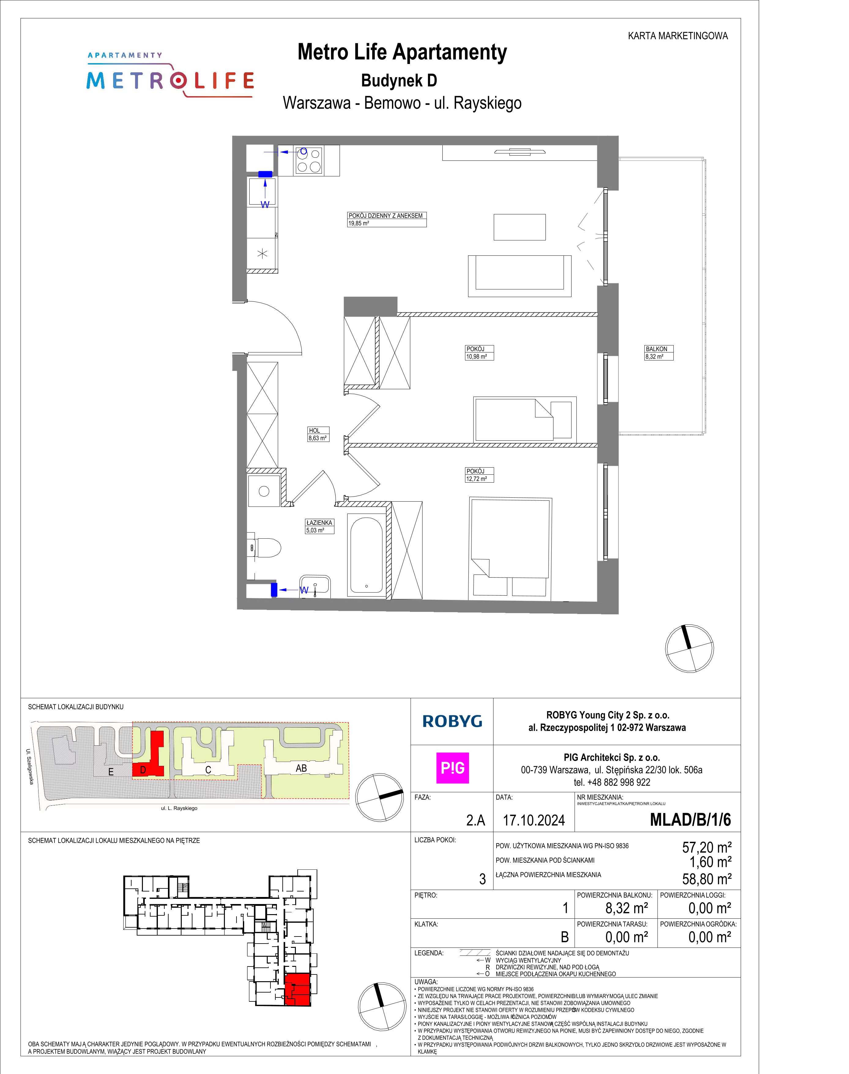 3 pokoje, mieszkanie 57,20 m², piętro 1, oferta nr MLAD/B/1/6, Metro Life Apartamenty, Warszawa, Bemowo, Chrzanów, ul. Rayskiego