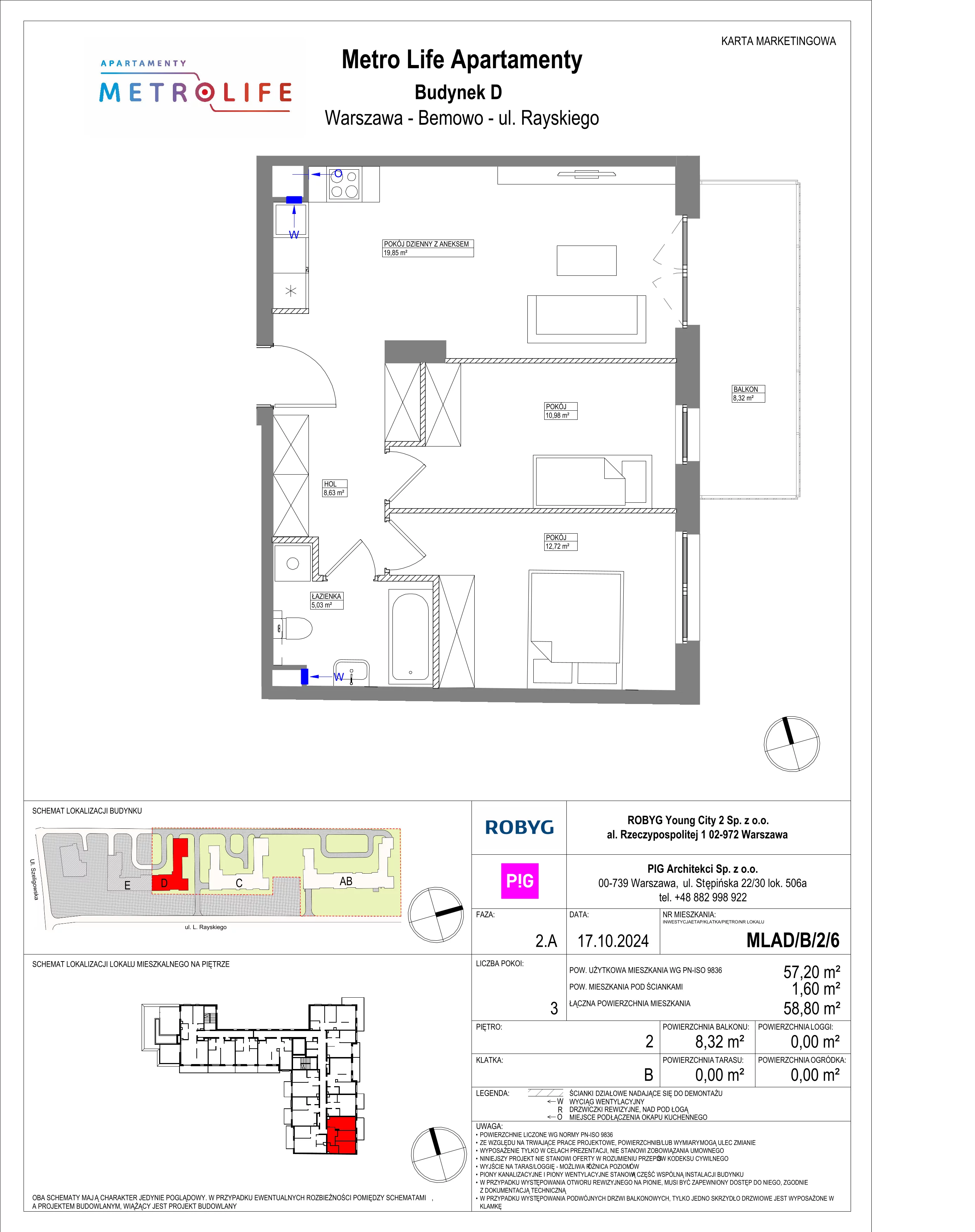 3 pokoje, mieszkanie 57,20 m², piętro 2, oferta nr MLAD/B/2/6, Metro Life Apartamenty, Warszawa, Bemowo, Chrzanów, ul. Rayskiego